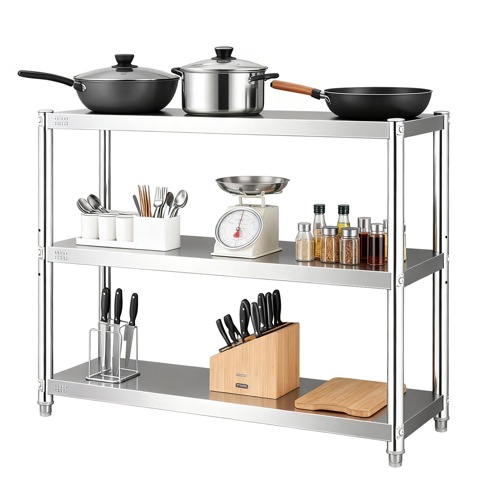 Heavy Du - Estantería de acero inoxidable ajustable de 3 niveles, para cocina, utensilios de cocina, estante multiusos (150 x 45 x 80 cm)