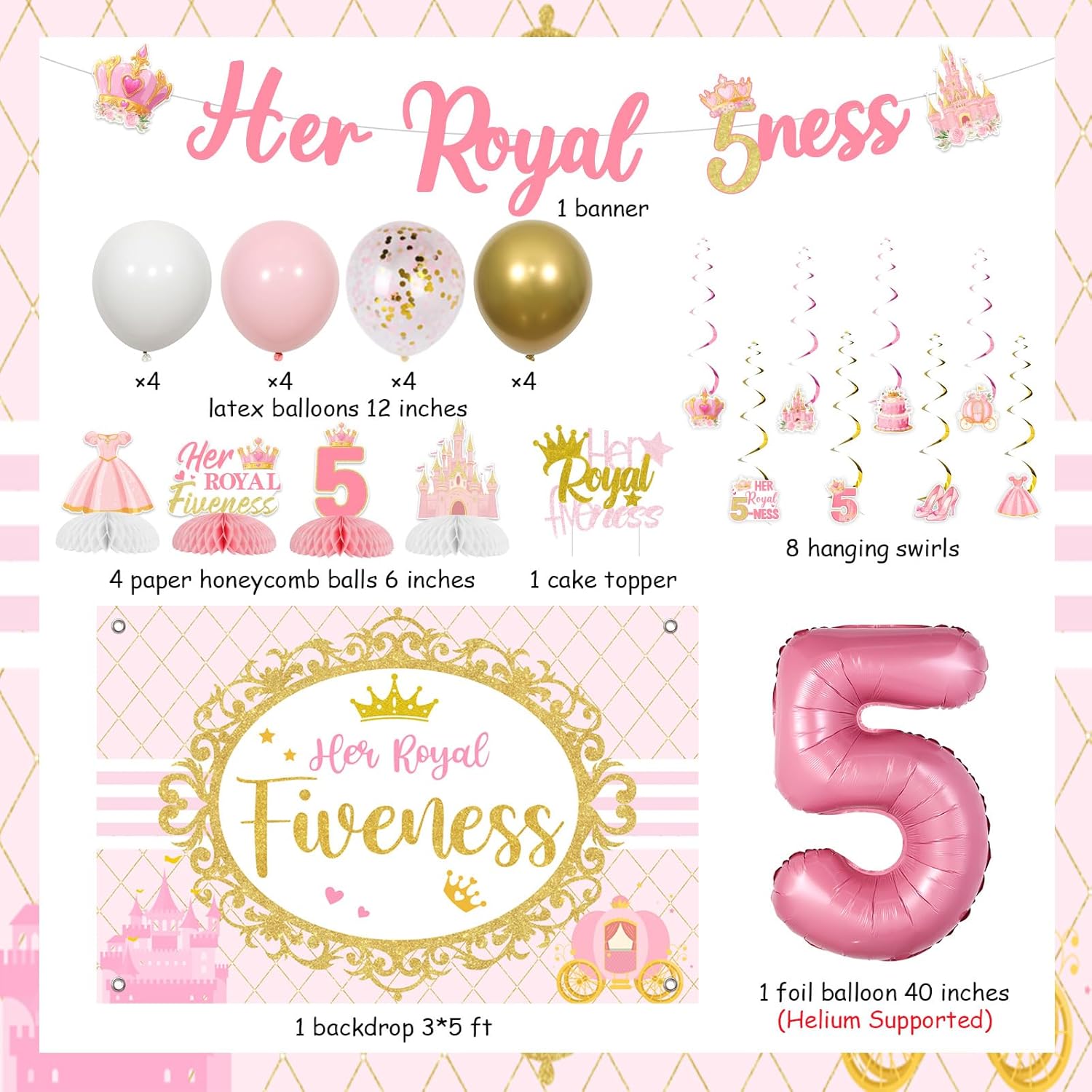 Sursurprise Princess 5th Birthday Party Decorations, Her Royal Fiveness Backdrop Banner, Hanging Swirls, Cake Topper, Honeycomb Centerpieces, Number 5 Balloon, 5 Year Old Birthday Party Supplies