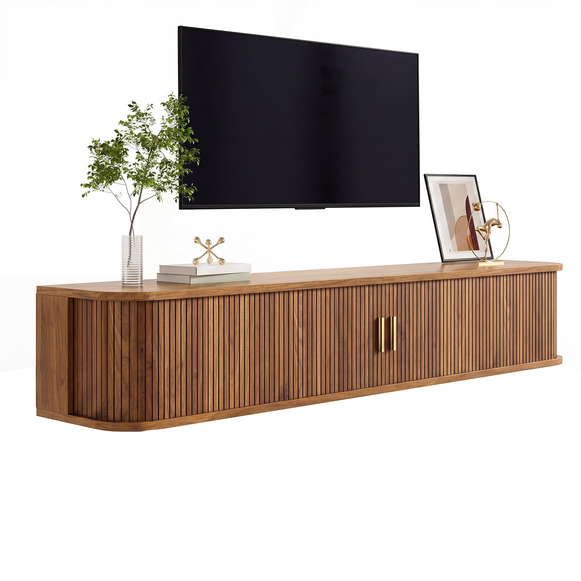 Wandhängendes TV-Lowboard 175x30x30 cm mit LED und Schiebetüren (Nussbaum)