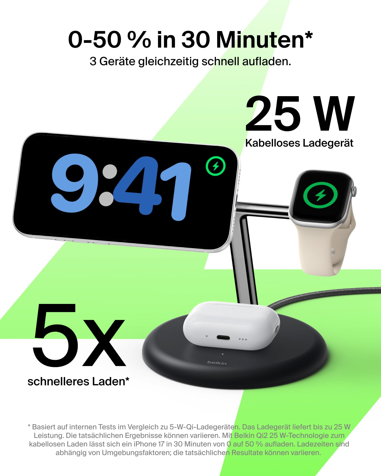 Belkin UltraCharge 3-in-1 Induktive Ladestation mit Qi2, 25W – Schwarz | Qi2.2-zertifiziert, MagSafe Kompatibles Kabelloses Ladegerät für iPhone, Apple Watch, Kopfhörer; USB-C-Kabel, 45W Netzteil