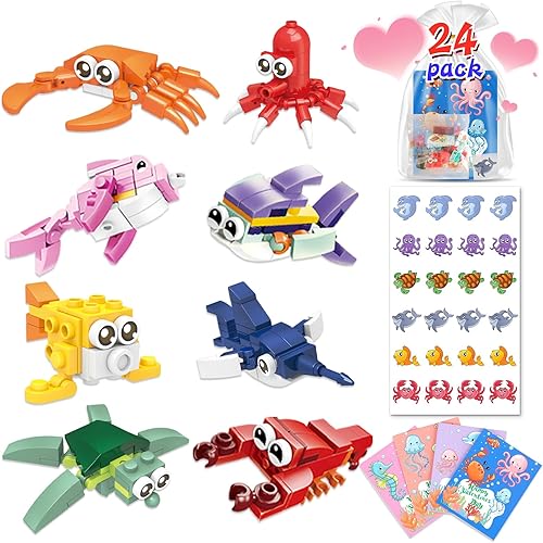 Hyperzoo Regalos del día de San Valentín para niños, paquete de 24 bloques de construcción de animales marinos de San Valentín con calcomanías para
