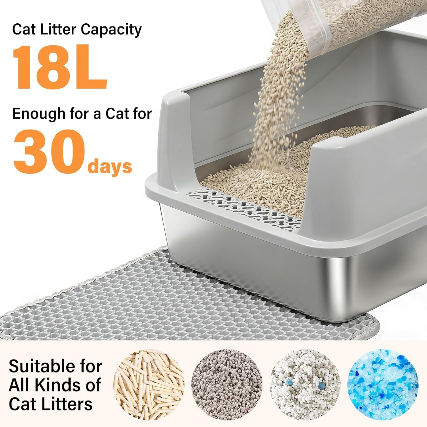 M Stainless Steel Cat Litter Box with Lid,Metal Litter Box High Sides for Kitty/Small Cats,Open Design,Indoor,1-Mat and 1-Scoop,Easy to Clean, No Odor,Anti-Urine Leakage