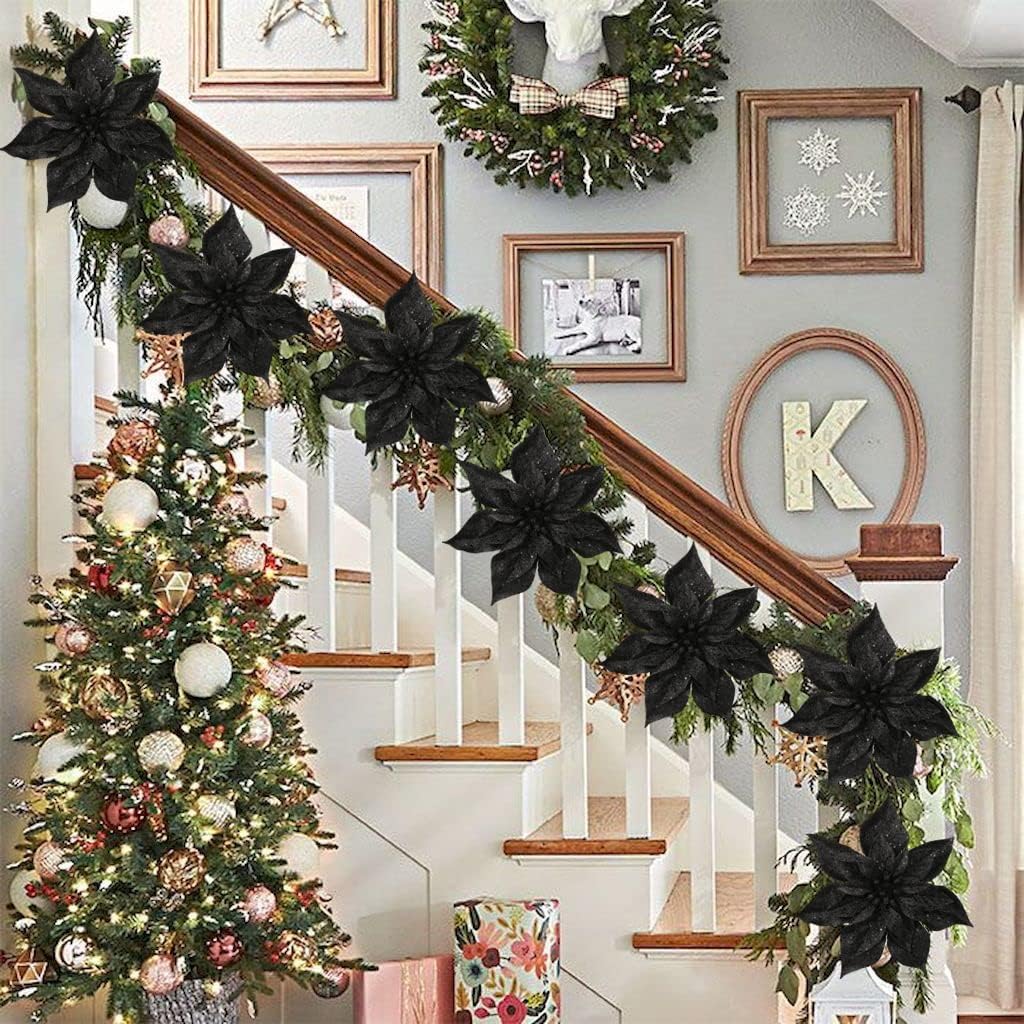 Briful 9'' Poinsettia Christmas Flowers 8PCS Black Glitter Floral Picks Large Xmas Ornament Flowers for Home Xmas Tree Wreath Garland Indoor Outdoor Decoration image 5