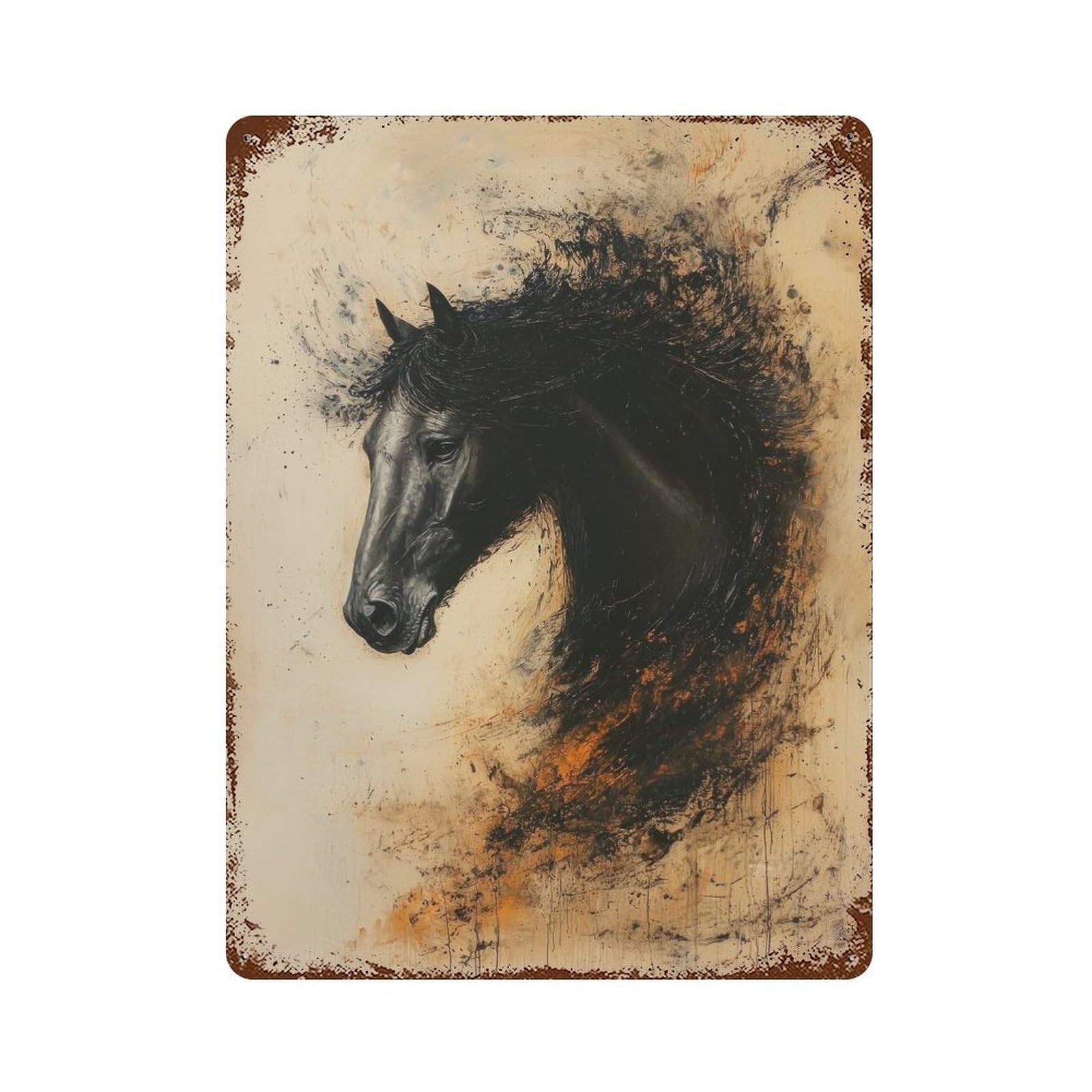 Distressed Metal Wall Sign Black Horse Portrait 15.7"x11.8", Vintage Wall Decor for Garage, Bar And Workshop Decor