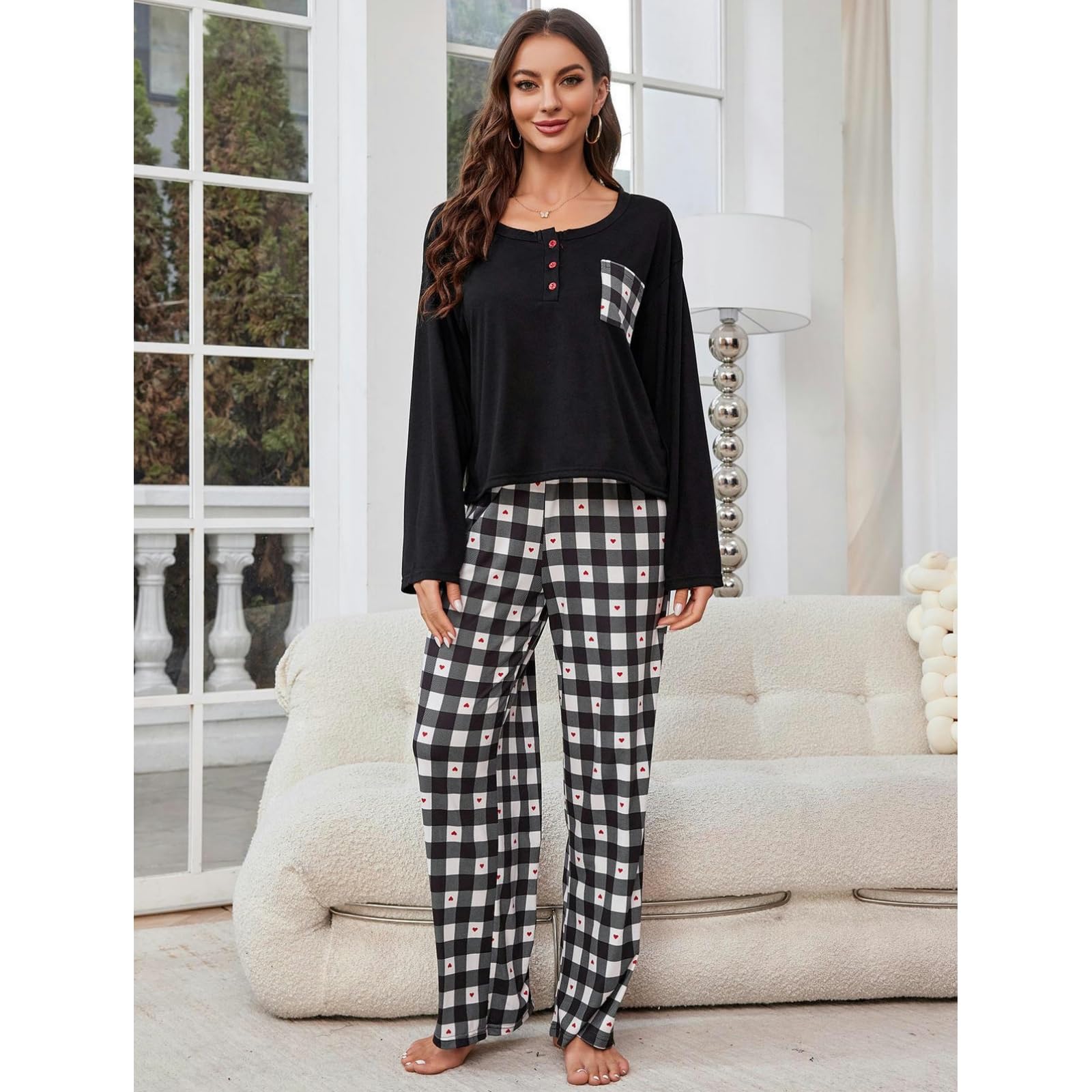 Pigiama Donna Cotone Pigiama da Donna Primavera E Autunno A Manica Lunga A Pianta U Tasca Tascabile Vestiti per La Casa A Due Pezzi Set-23009-nero-s