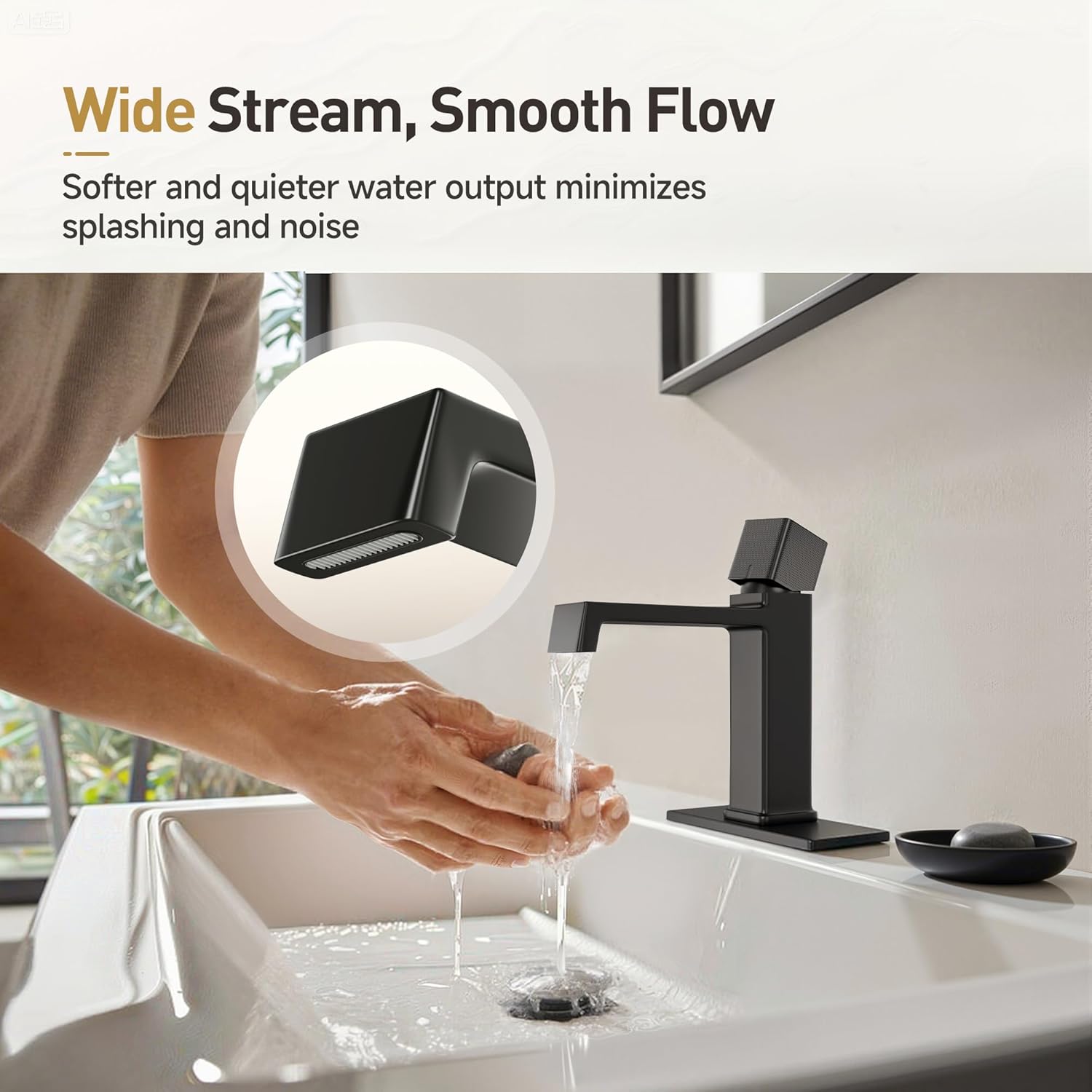 Modern Single Hole Bathroom Faucet | 7.4" Matte Black Luxury Single Handle Bathroom Faucet with Solid Brass Body, Spot-Free Finish & Anti-Splash | 1 or 3 Hole | Geometric Square Design - Image 7