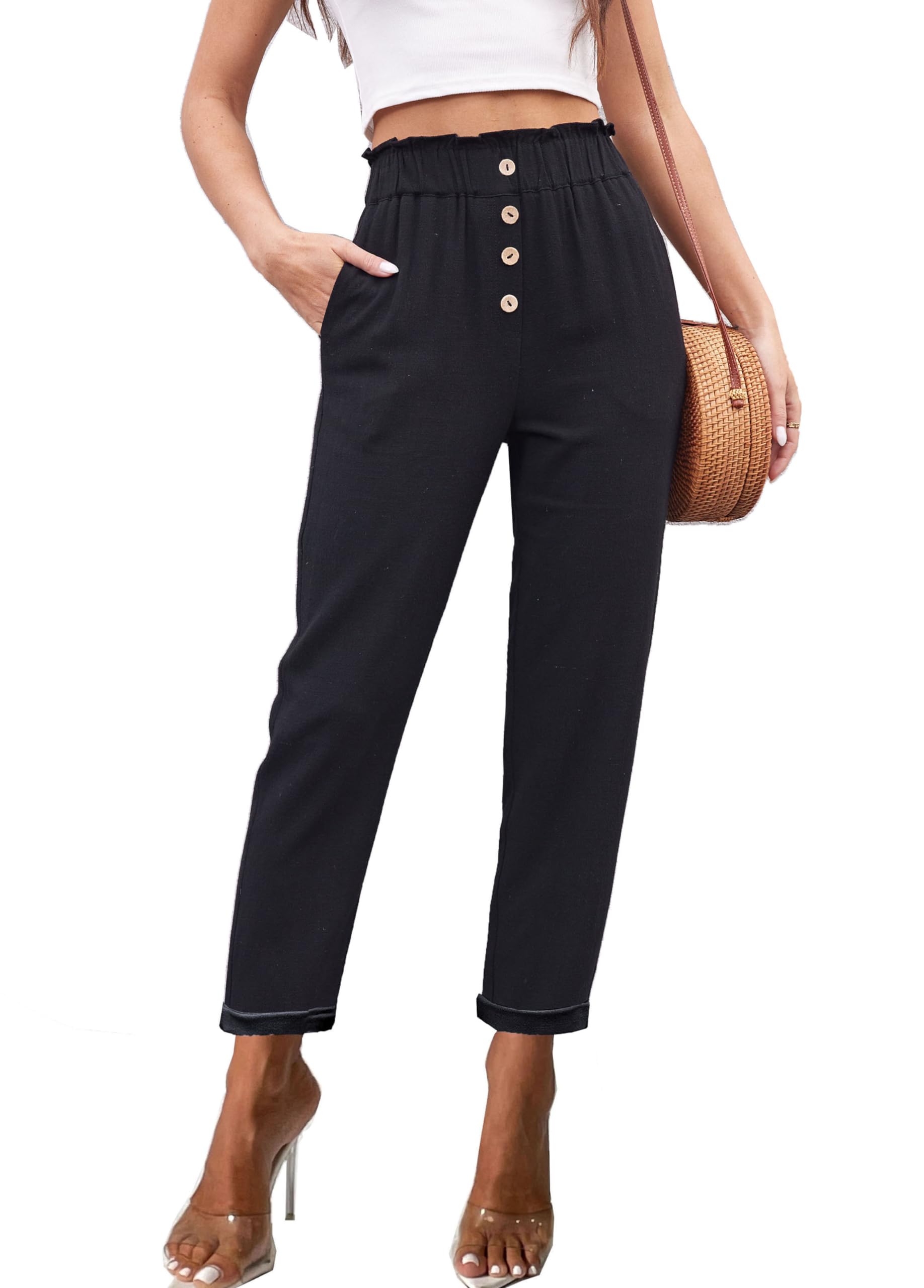 heipeiwa Womens Cotton Linen Casual Cropped Work Pants Summer Paper Bag Dressy Tapered Pants
