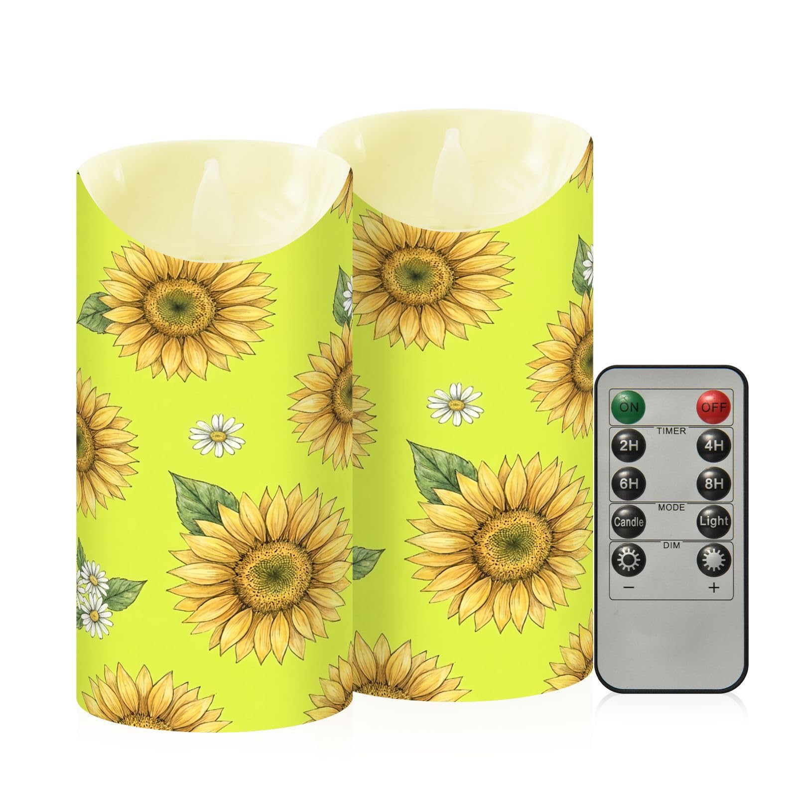 Ewusp Sunflowers Flameless Candles Battery Operated Flickering LED Pillar Candles Set of 2 with Remote Control & Timer, for Home Decor Wedding Holiday Party Centerpieces