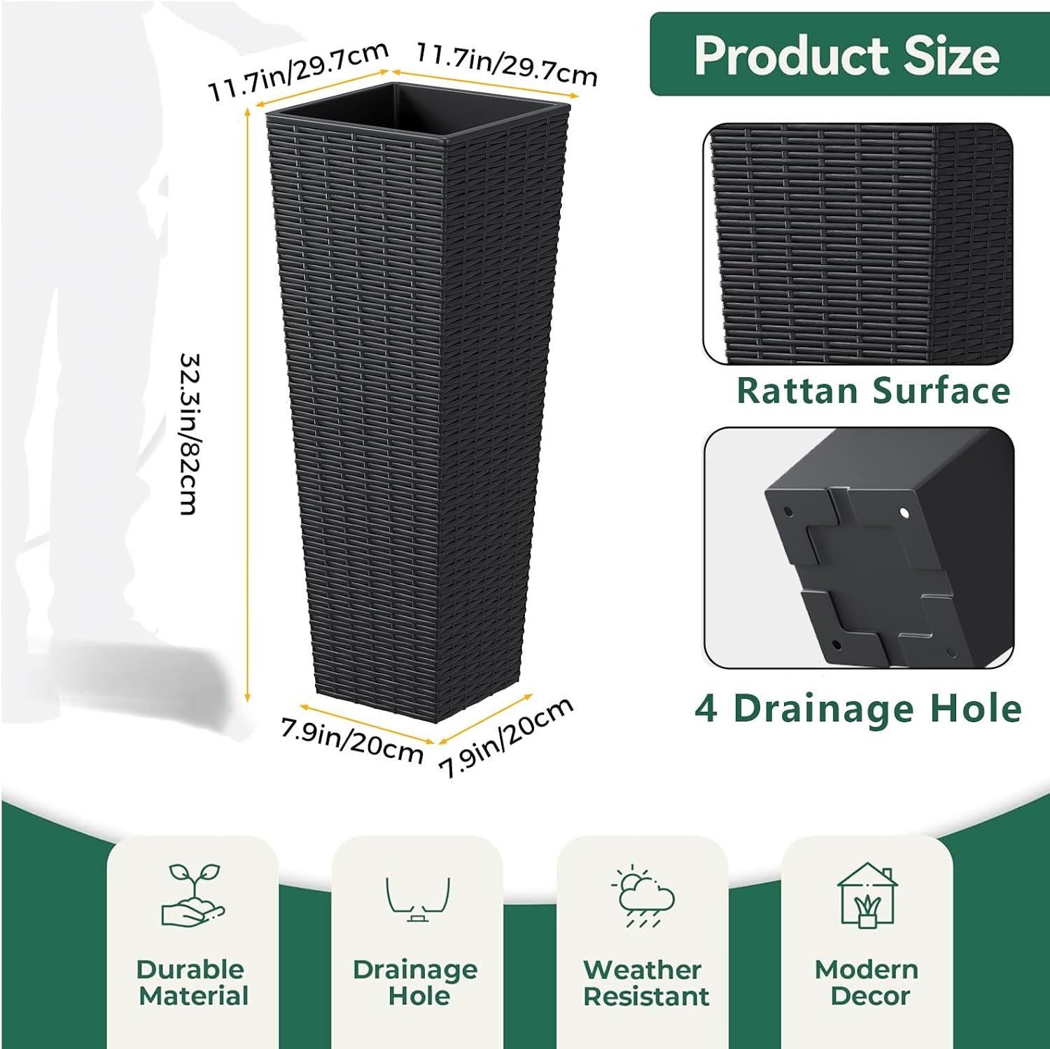 Tall Outdoor Set of 2,Tall Rectangular Resin with Removable Inner Pots, Modern Rattan Texture Tall Plant Pots with Drainage Holes for Porch, Garden, Yard (32inch)