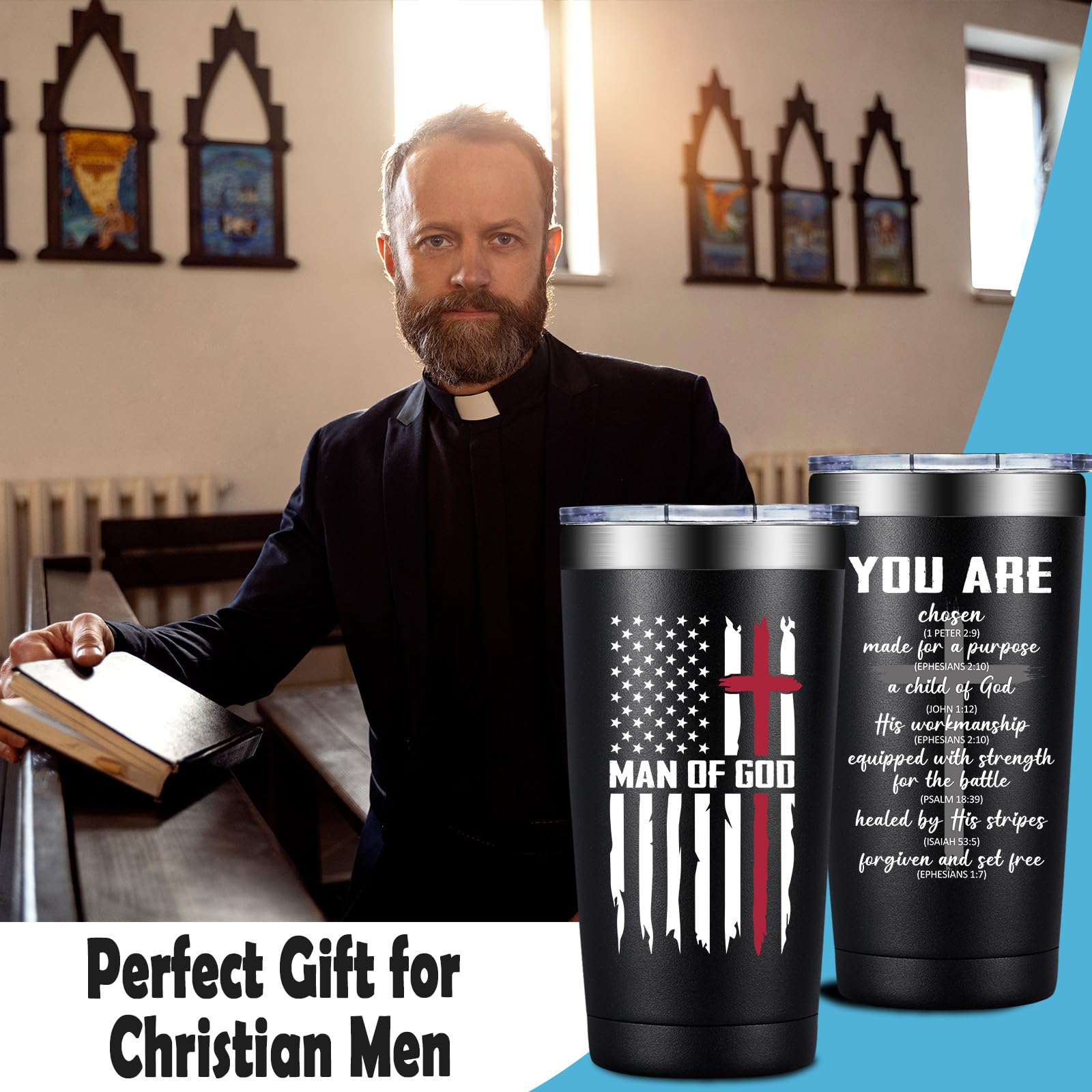 Grifarny Christian Gifts for Men - Catholic Gifts - Religious, Inspirational Scripture, Easter, Baptism Gift for Spiritual Men, Man of God Coffee Tumbler 20 oz