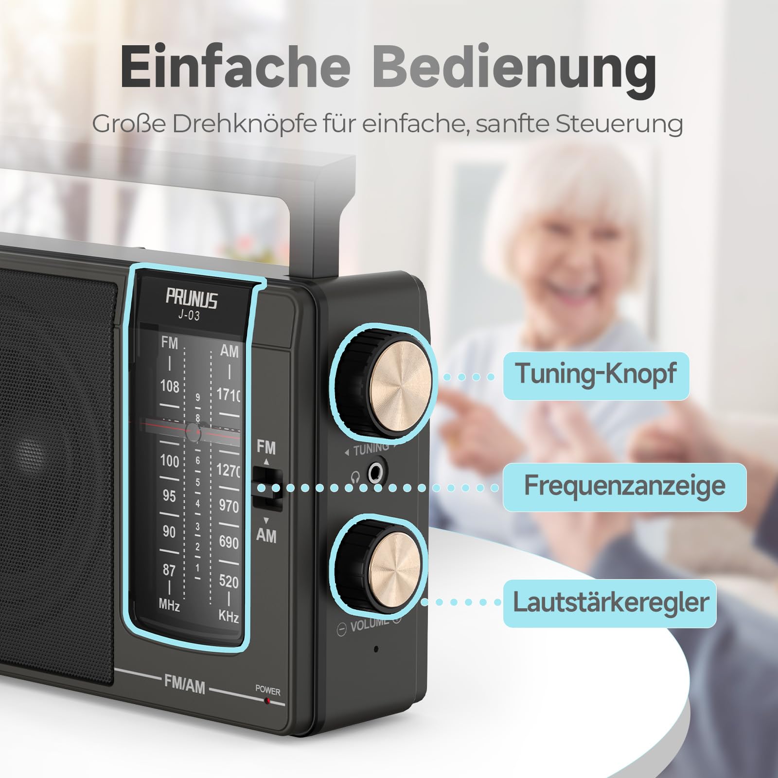 PRUNUS J-03 Tragbares Radio FM AM, Radio Batteriebetrieben und AC-Strom, Mittelwellenradio Mit Exzellentem Empfang, 3W Großem Lautsprecher, Einfaches Radios Für Senioren.