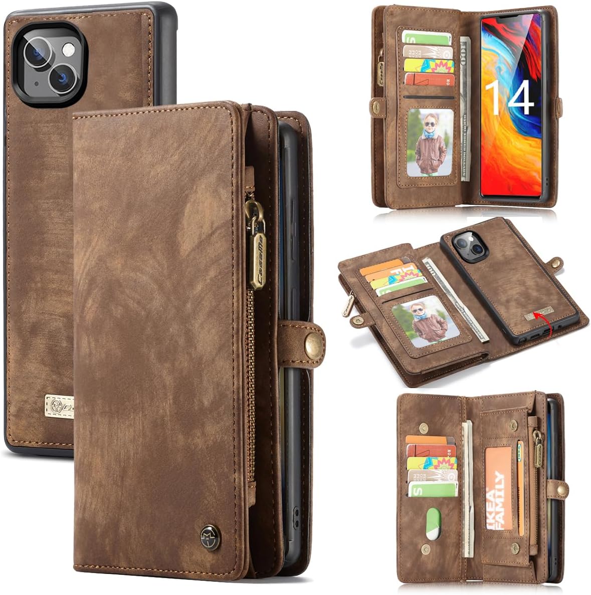 Compatible with iPhone 16 Pro Leather Wallet Case Detachable Magnetic Flip Leather Phone Cover with Zipper Pocket Card Holder Shockproof Detachable Wallet for Woman Man (Brown)
