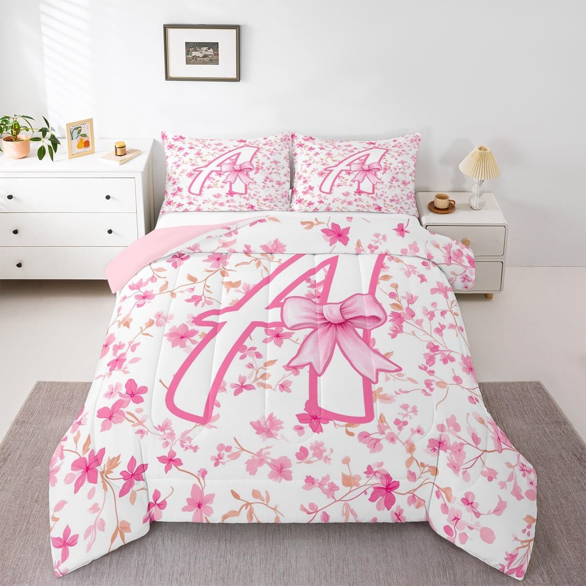 Feelyou Girls Cute Pink Bowknot Comforter Set Coquette Bow Bedding Set Twin Size for Kids Girls Personalized Letter A Room Decor Duvet Quilt - Image 4