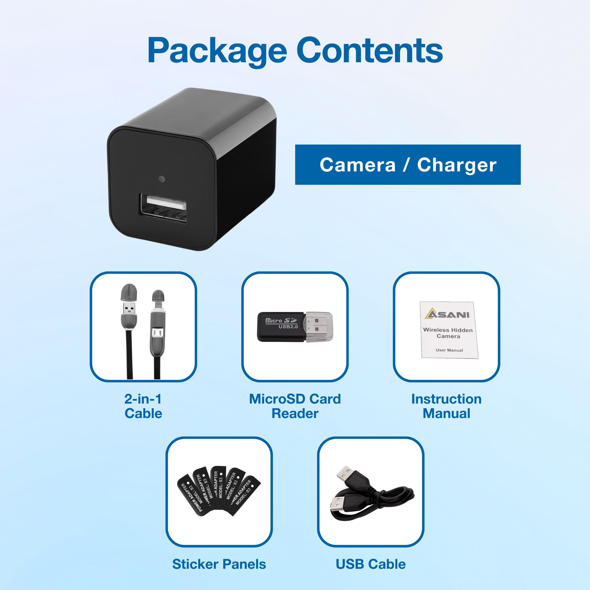 Asani Mini cámara de vigilancia enchufable, cámara de niñera y mascota, sin grabación de audio, solo graba video, seguridad para el hogar y la oficina con ranura para tarjeta micro SD, detección de
