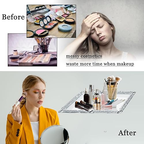 Miniatura 3 de Bandeja de vidrio de cristal, bandeja de maquillaje y perfume de espejo plateado con diamante triturado de 11.8" x 7.9", bandejas de joyería