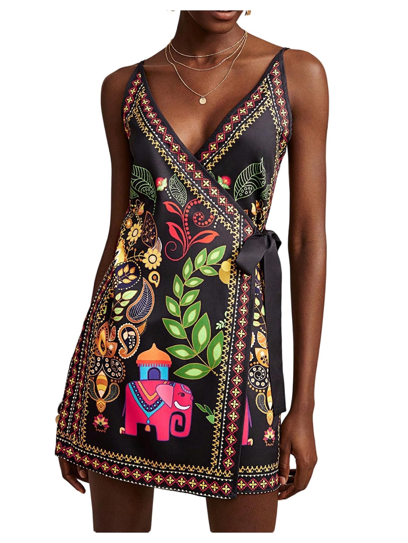 Women's Tropical Print Wrap Dress Sleeveless Vacation Dresses