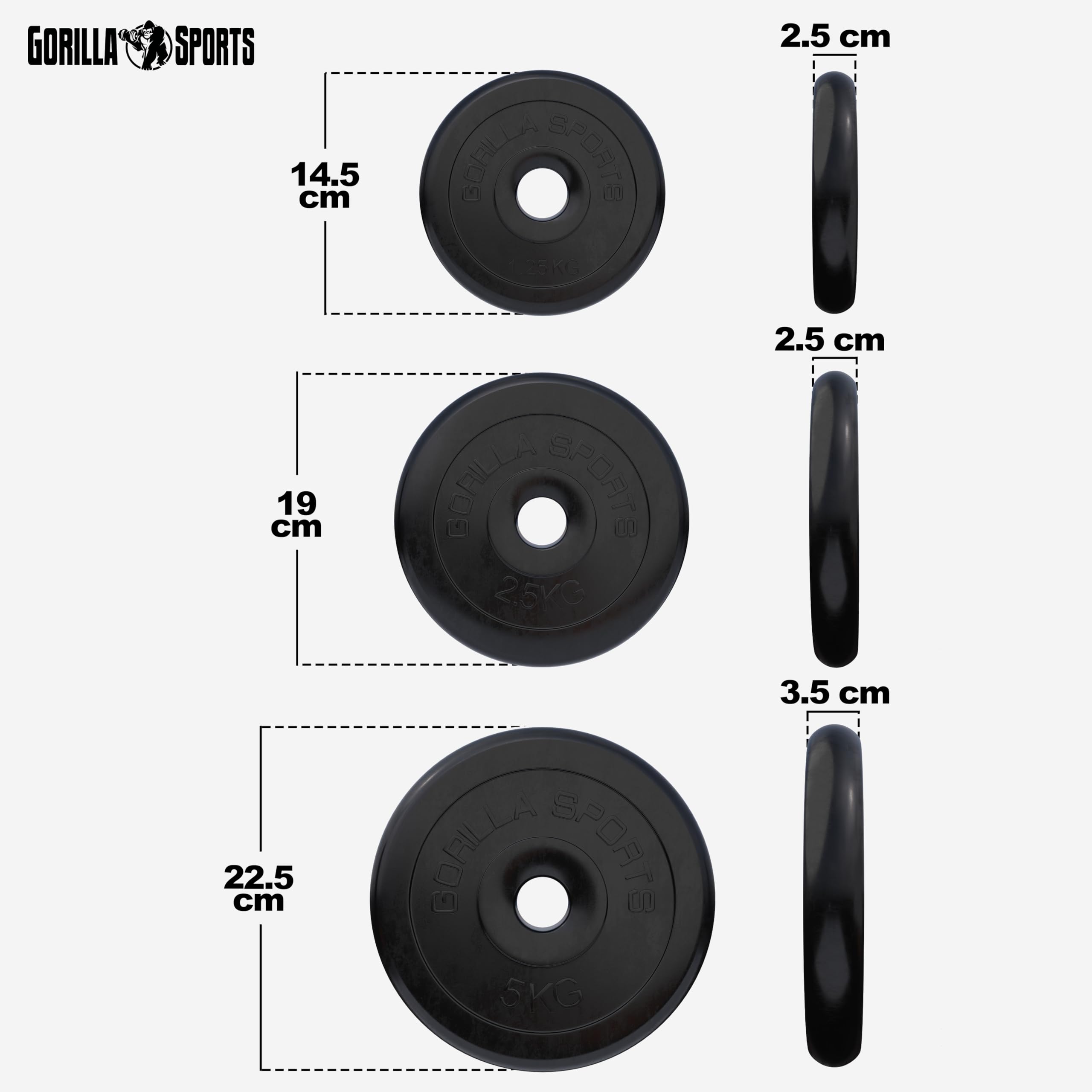 Gorilla Sports® Disques de Poids - Individuel/Ensemble, 1,25kg, 2kg, 2,5kg, 5kg, 10kg, 15kg, 20kg, 25kg, 27,5kg, 30kg, Ø 30/31mm, Noir - Disques d'Haltères, pour Musculation, Fitness, Domicile, Gym