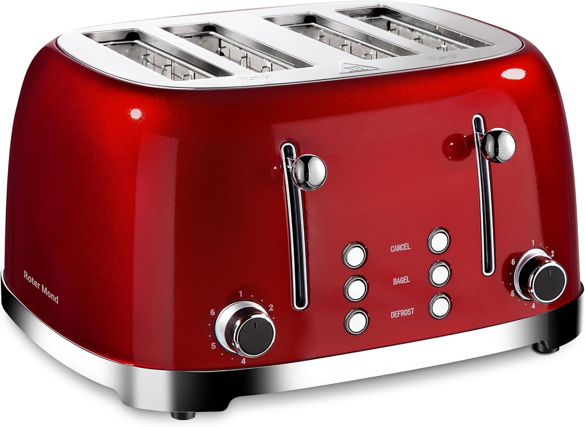 Roter Mond Tostadora de 4 rebanadas Retro de acero inoxidable con función de cancelación de descongelación de bagel, 6 configuraciones de dorado, ranura extra ancha y bandeja recogemigas extraíble, rojo, ST033