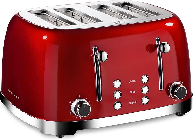 Roter Mond Tostadora de 4 rebanadas Retro de acero inoxidable con función de cancelación de descongelación de bagel, 6 configuraciones de dorado, ranura extra ancha y bandeja recogemigas extraíble, rojo, ST033