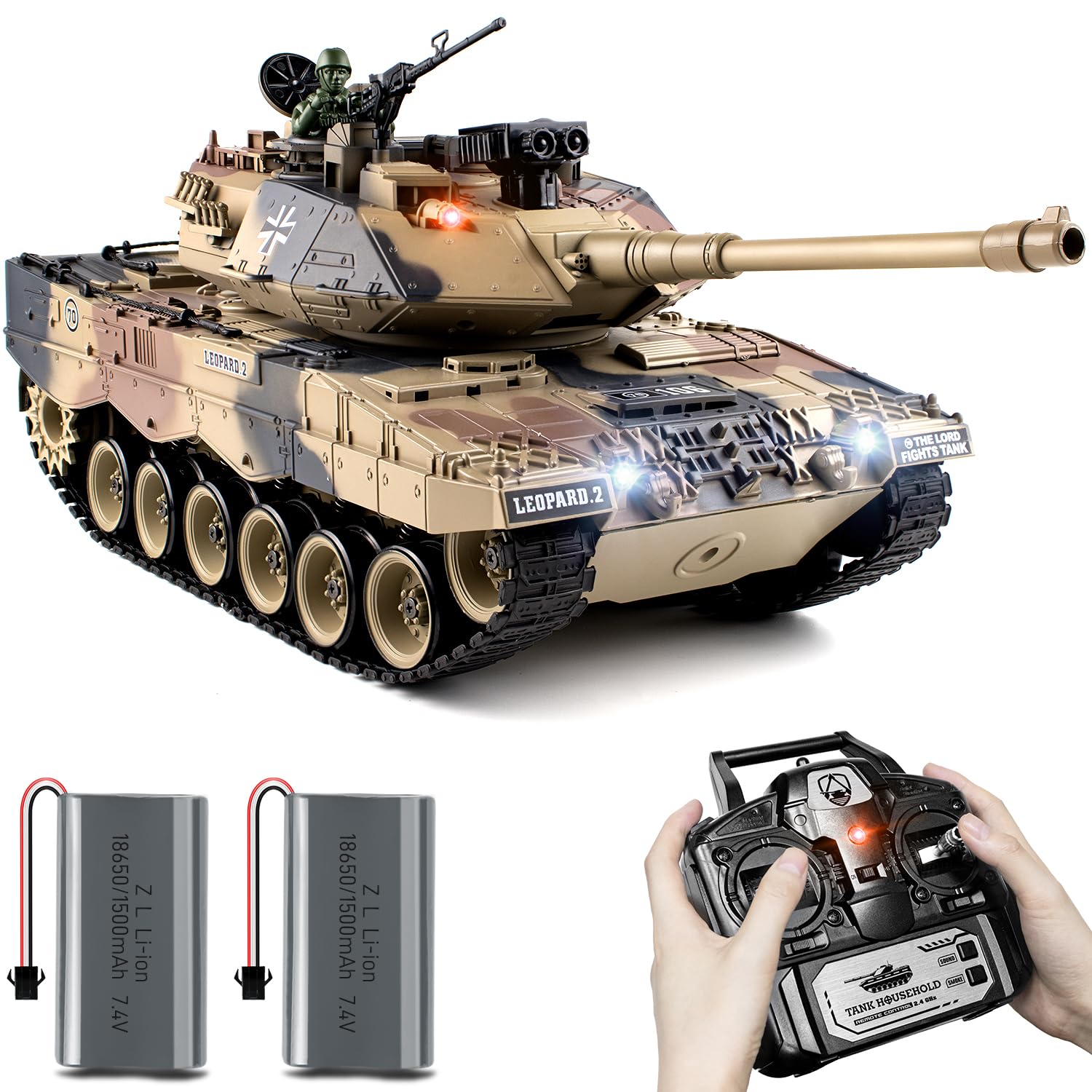 1:18 RC Tank, 2.4 GHz German Leopard II Remote Controlled Model Toy, RC Vehicle Tank, for Adults and Children, Military Toy with Smoke, Lights