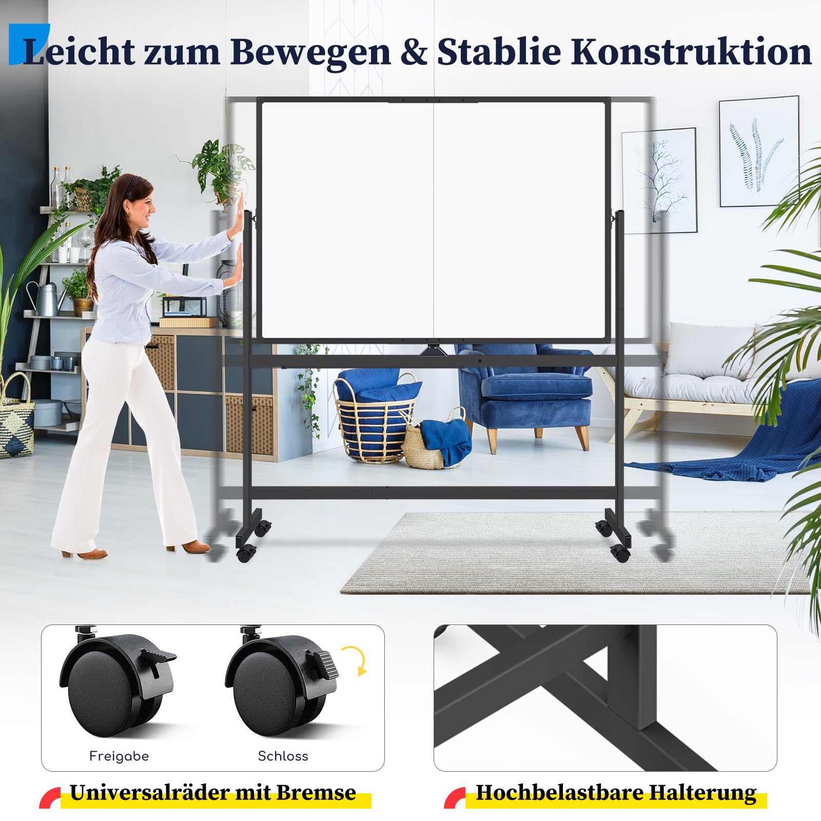 maxtek Whiteboard mit Ständer 120 x 90 cm, Magnetisches Flipchart | Doppelseitige Mobile White Board mit Aluminiumrahmen, Große Magnettafel auf Rollen , Inkl. Stiften, Schwämme, Tafellöscher