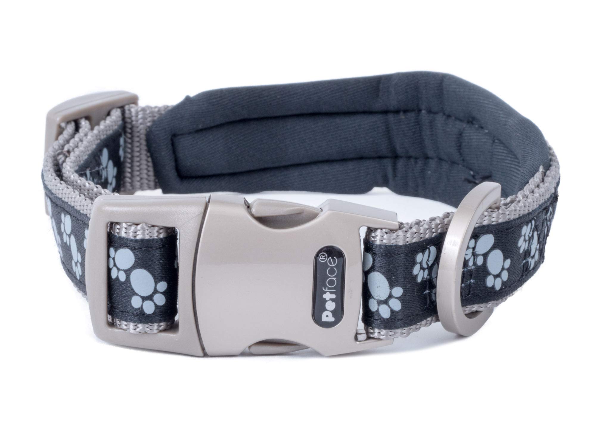 Petface Signature Padded Dog Collar, Small, Black With Grey Paws