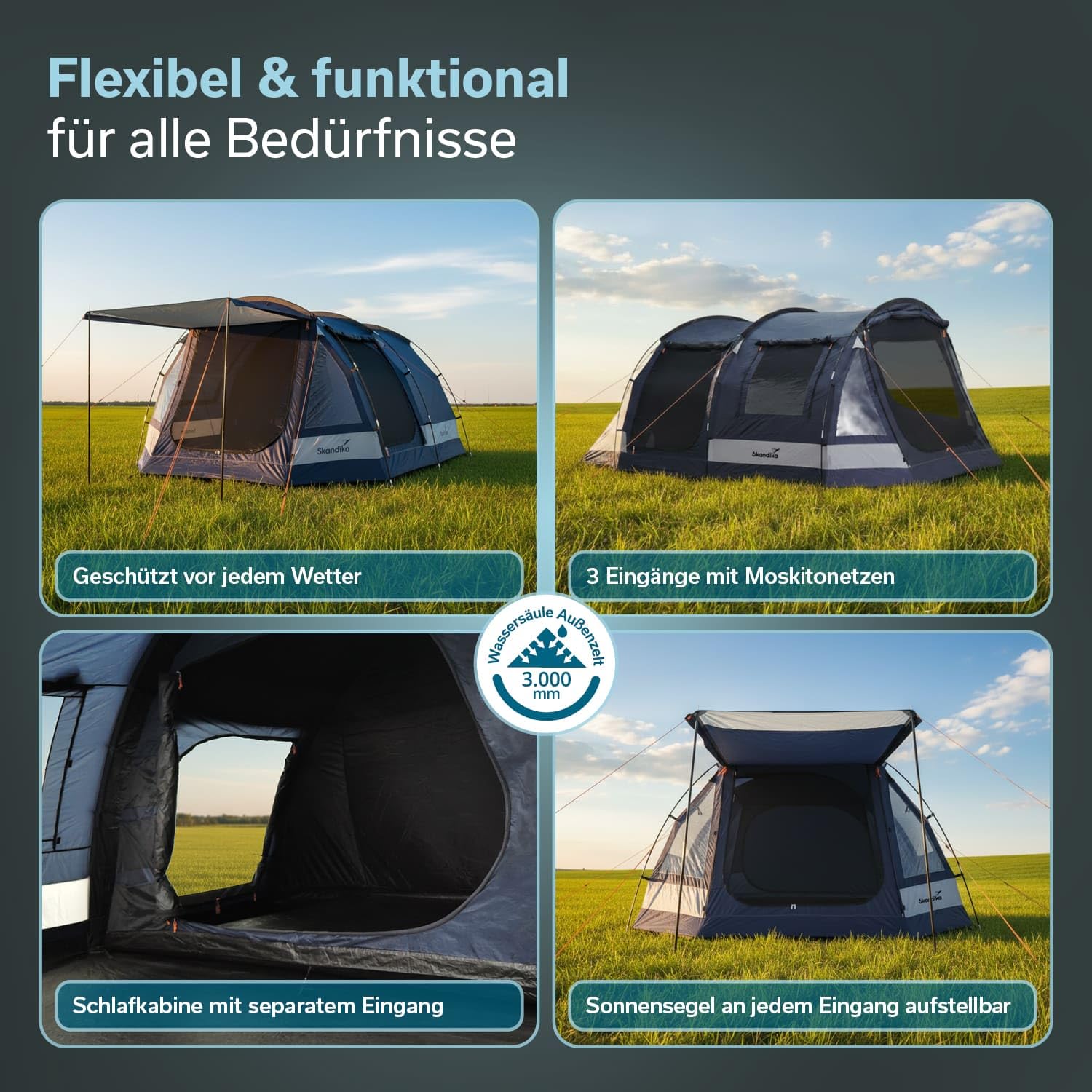 Skandika Tienda de campaña Tipo túnel Kambo Sleeper Protect | para 3/4 Personas - Suelo Cosido - Columna de Agua de 3000 mm - 3 entradas - toldo