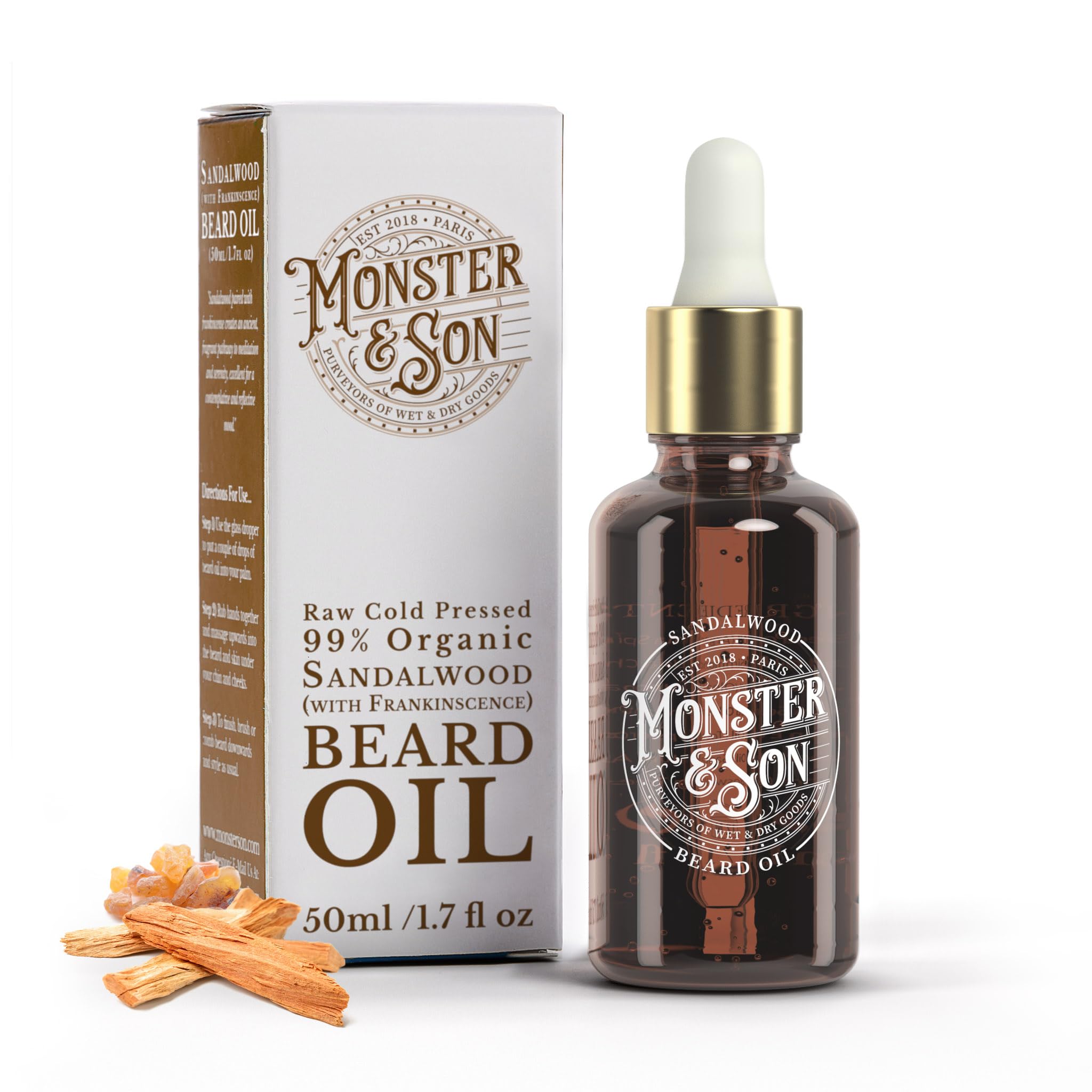 Monster&Son Sandalwood with Frankincense Raw Cold Pressed Organic Beard Oil 1.7oz - Helps to Hydrate, Style and Promote New Hair Growth - Rich in Vitamins & Minerals - Jojoba, Argan & Meadowfoam Oils Sandalwood and Frankincense 1.7 Fl Oz (Pack of 1)