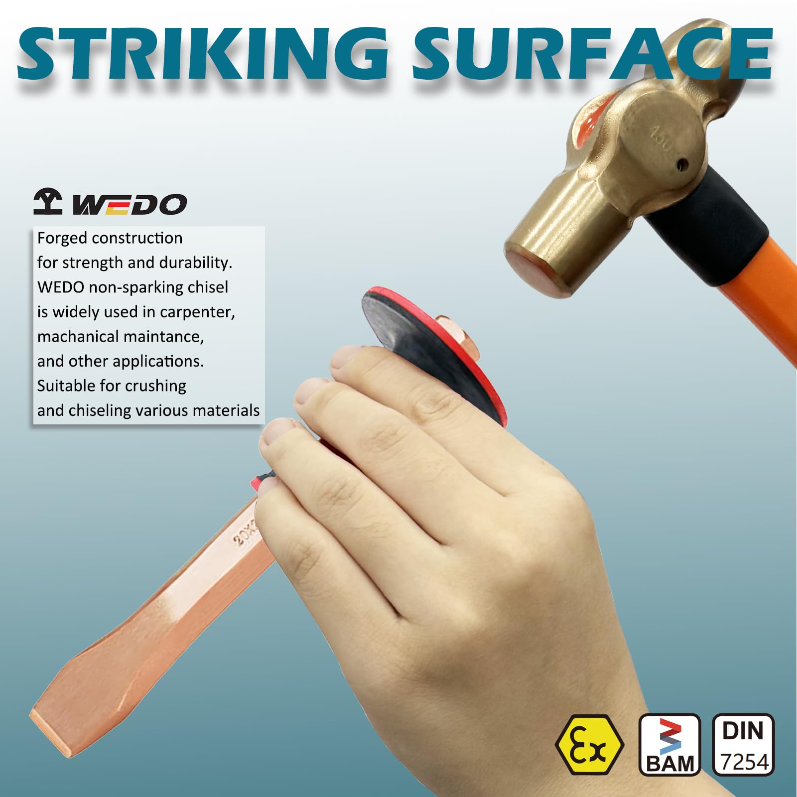 WEDO Cincel plano no brillante, hexagonal de 6 puntos, cincel de cemento, cincel de ladrillo, protector de manos de mampostería con espesor, cobre de berilio, no magnético, longitud 300 mm, mango de
