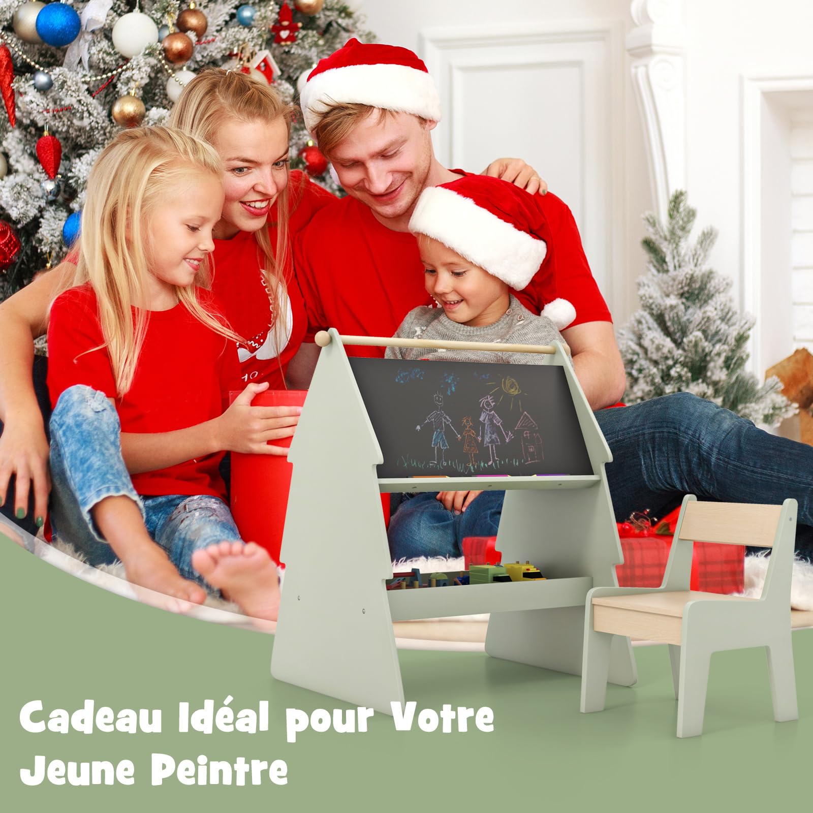 COSTWAY Tableau Enfant Double Face avec Chaise & Forme d’arbre, Chevalet Enfant en Bois avec Plateau de Rangement & Support Supérieur, Charge 10/60kg pour 2 Enfants de 3 Ans+