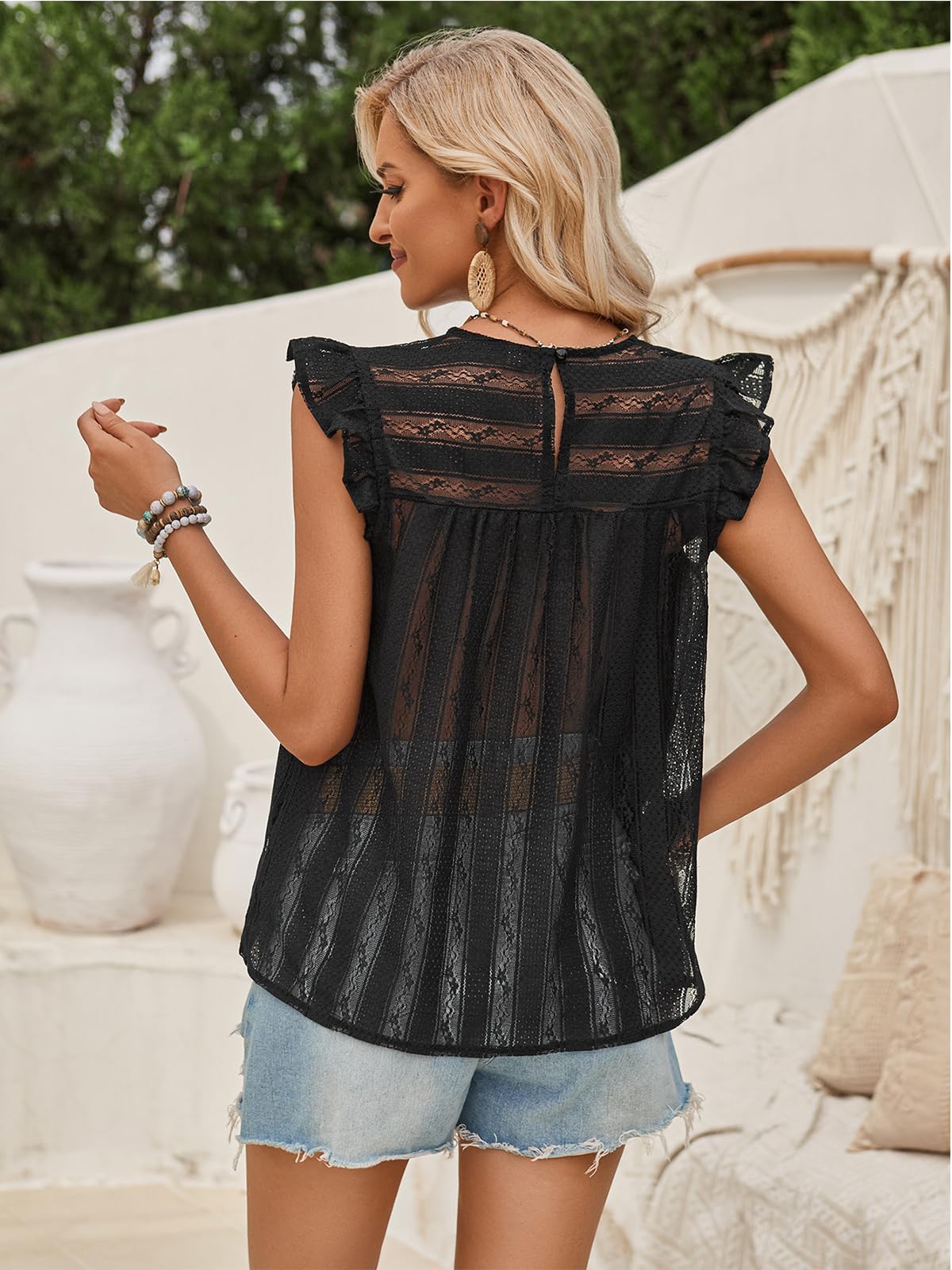 AQRTPXU Maglietta Canotta da Donna Pizzo Estate Senza Maniche con Volant Top Collo Rotondo Elegante Canottiera Camicetta Tank Top Moda