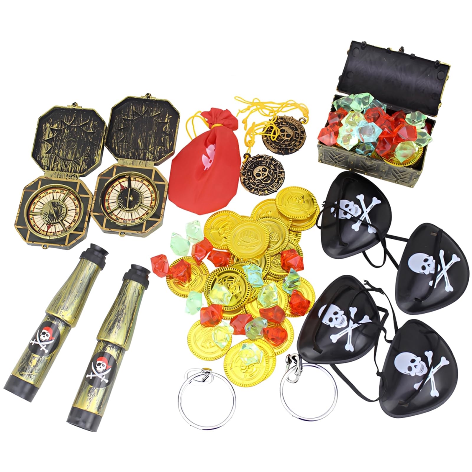60 PCS SET Pirate Treasure with Gold Coins and Gems,Treasure Chest Kids, Interactive Role-Playing Adventure Kit for Indoor Treasure Hunt Games and Beach Activities, Durable Storage Box for Organising