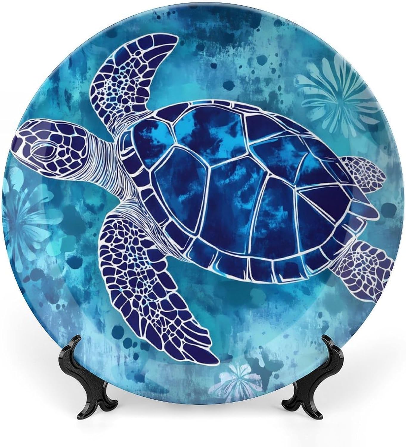 Turtle Ocean Daisy Flowers Decorative Plates for Display Ceramic Plate Tray with Stand Hanger Home Decor