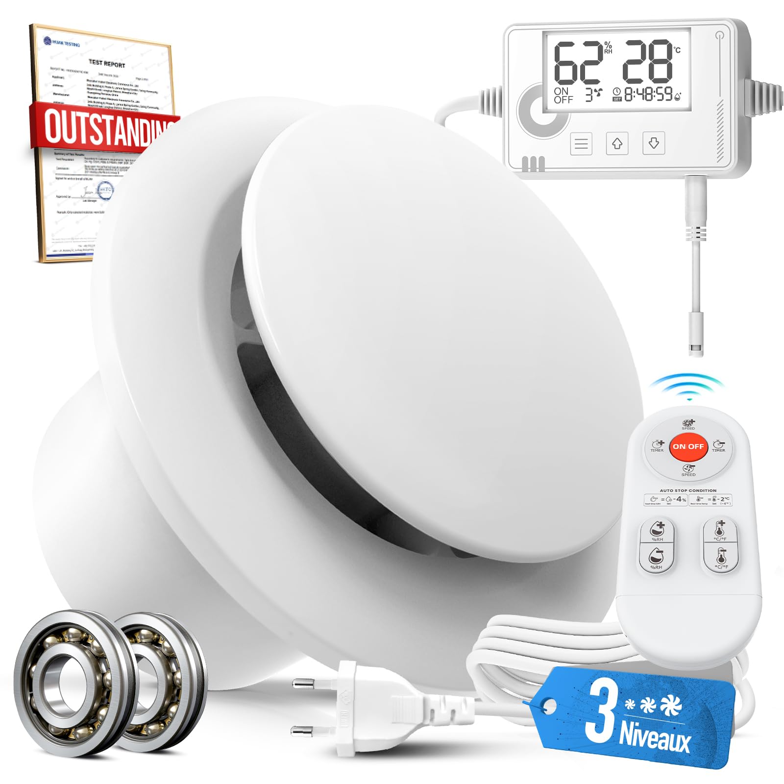 3 Vitesses Extracteur d'Air Automatique Détecteur Humiditer et Température, Minuterie, Télécommande, 100mm VMC Salle de Bain Hygroréglable, Silencieux et Puissant Ventilation P109