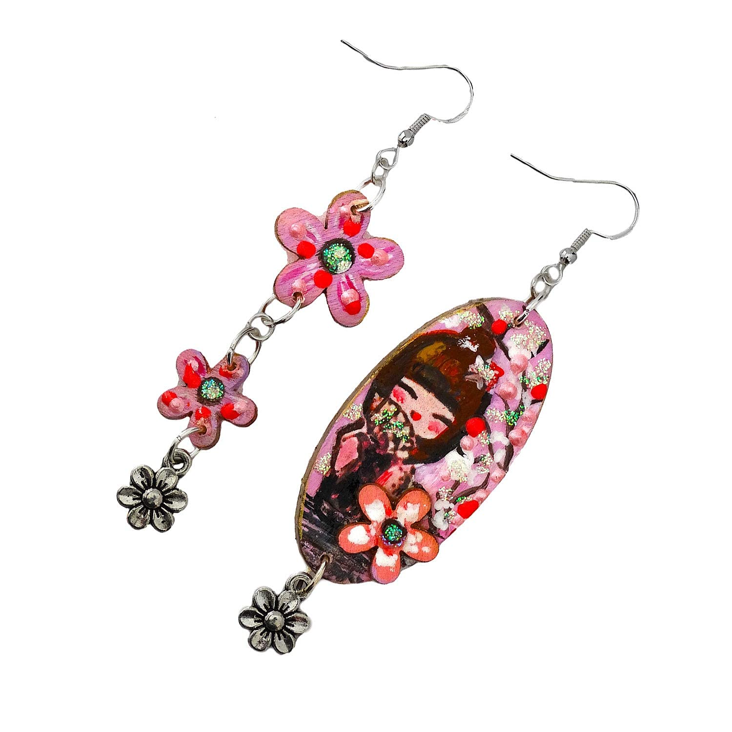 Pendientes pintados a mano – HOMENAJE A LAS MUÑECAS KOKESHI - rosa - Pendientes colgantes de mujer, Joyas de madera pintadas a mano, Made in Italy, Bisutería femenina decorada, Elaboración artesanal