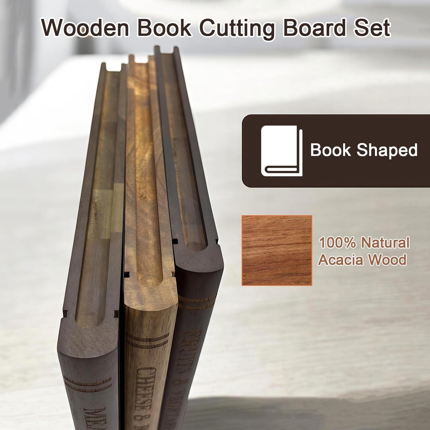 Book Cutting Board Set of 3 with Stand, Book Shaped Cutting Boards, Cutting Board Book Set for Meat Fruit Veggie, Decorative Cutting Board Books for Kitchen