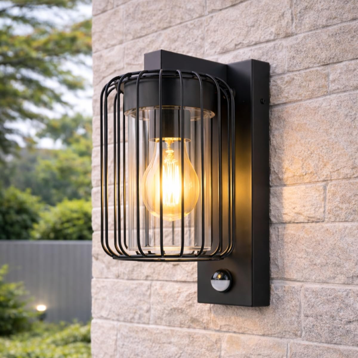 Cgc Lighting Black Cage Pir Outdoor Outside Wall Light Black Modern, E27 Bulb, Mains Powered, Garden, Porch, Patio (Black Cage Pir)