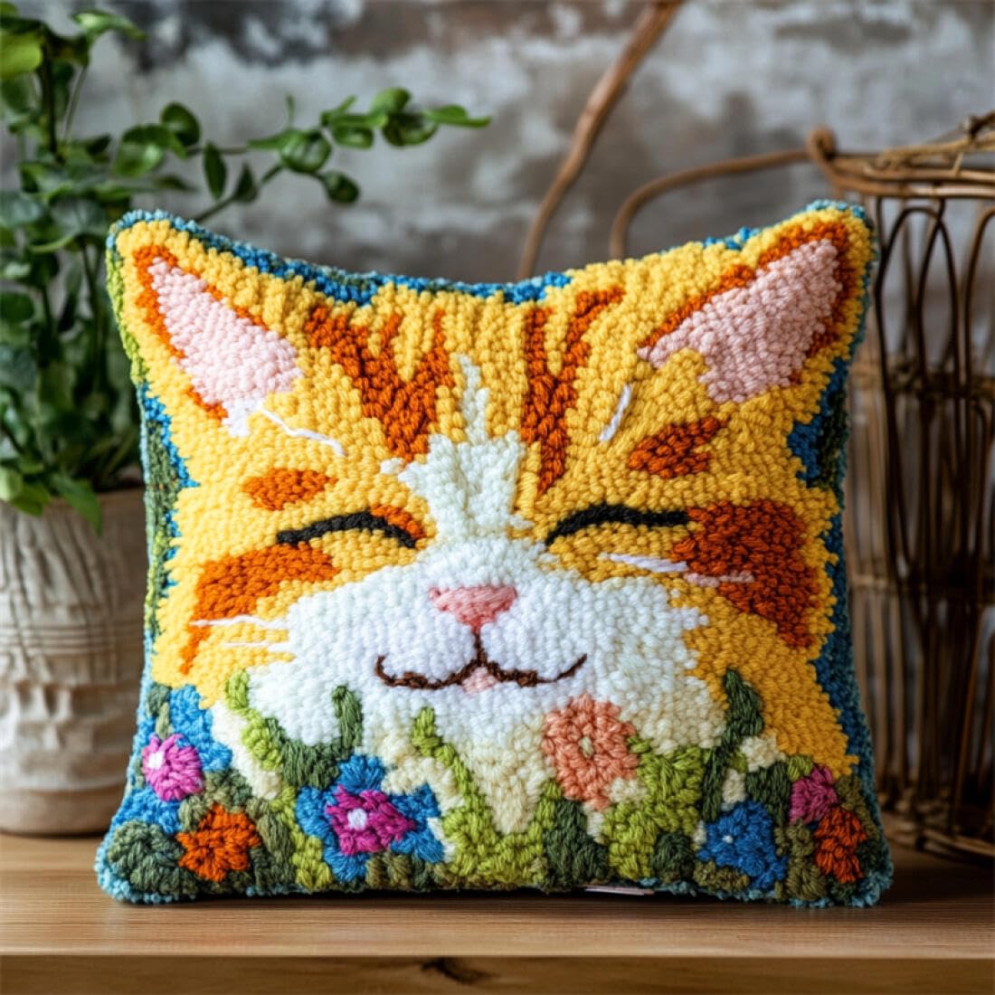 Kitquiver Animal Cushion Making Kit Cats and Flowers Cushion Pillow Front Chunky Cross Stitch Kits DIY Embroidery Needlepoint Kit for Home Décor 17x17In