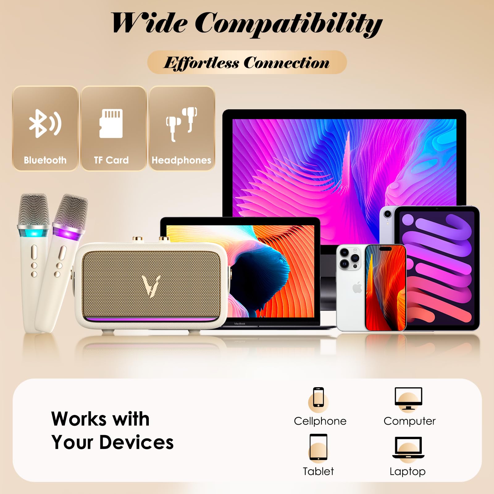 Macchina per karaoke con 2 microfoni wireless e involucro in morbida pelle, altoparlante Bluetooth portatile con 5 modalità di cambio vocale per feste a casa, supporto AUX/USB/TF, per bambini