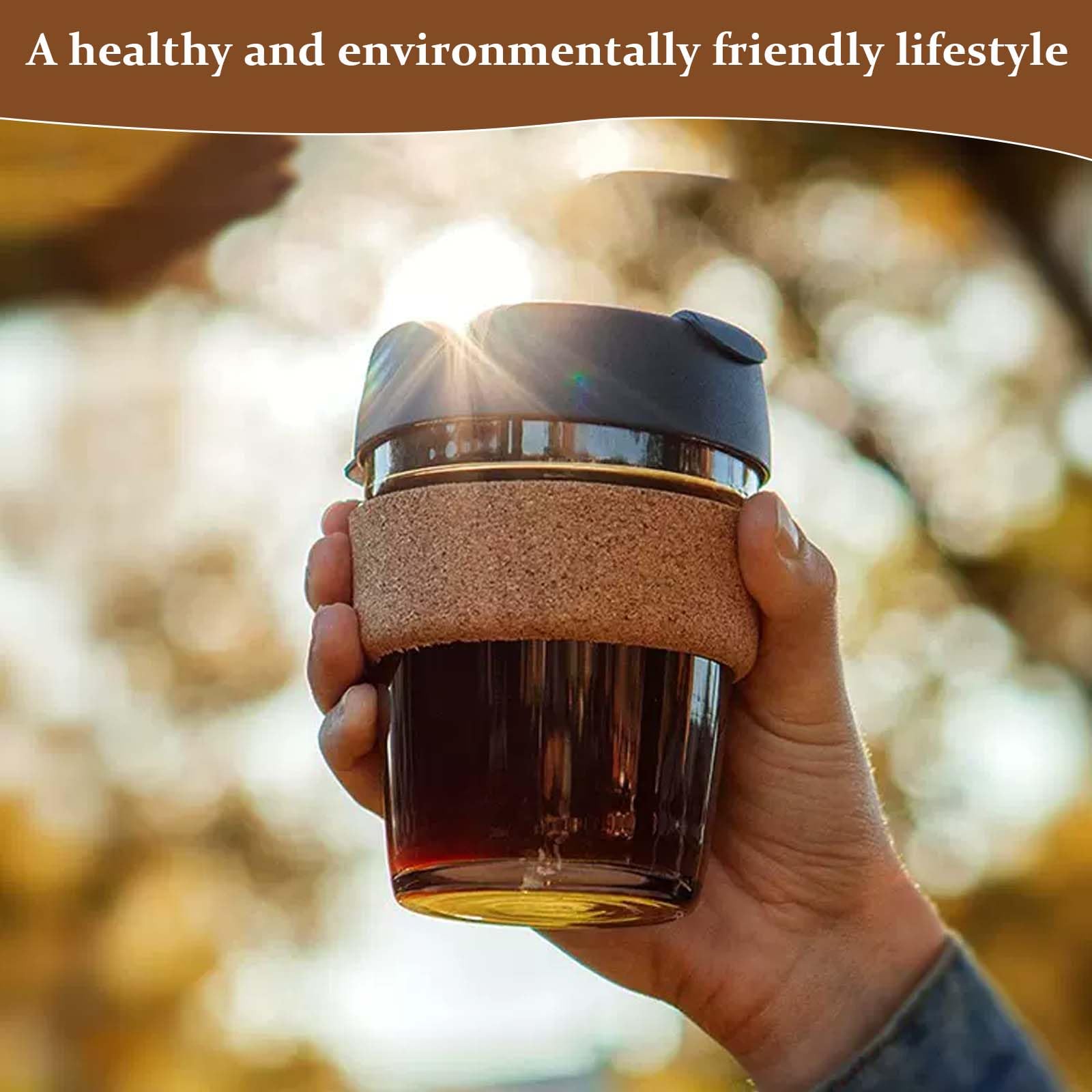 Tazza Caffè Vetro Temperato 340ml - Con Coperchio Antischizzi E Fascia Sughero | Tazza Da Viaggio - Foto 5