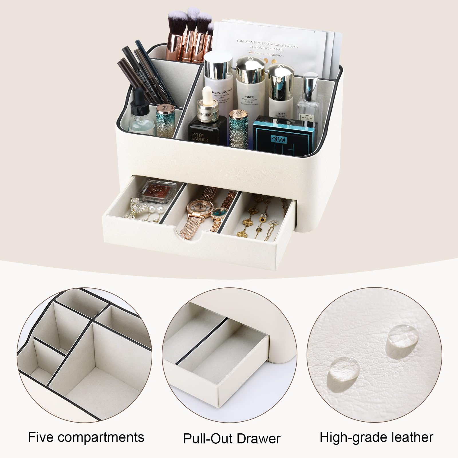 KINGFOM Make-up-Organizer aus PU-Leder mit Schublade, Hautpflege-Organizer für Schminktisch, Kosmetikaufbewahrung für Kommode, Arbeitsplatte, Beauty-Halter für Lippenstift, Pinsel, Hautpflege