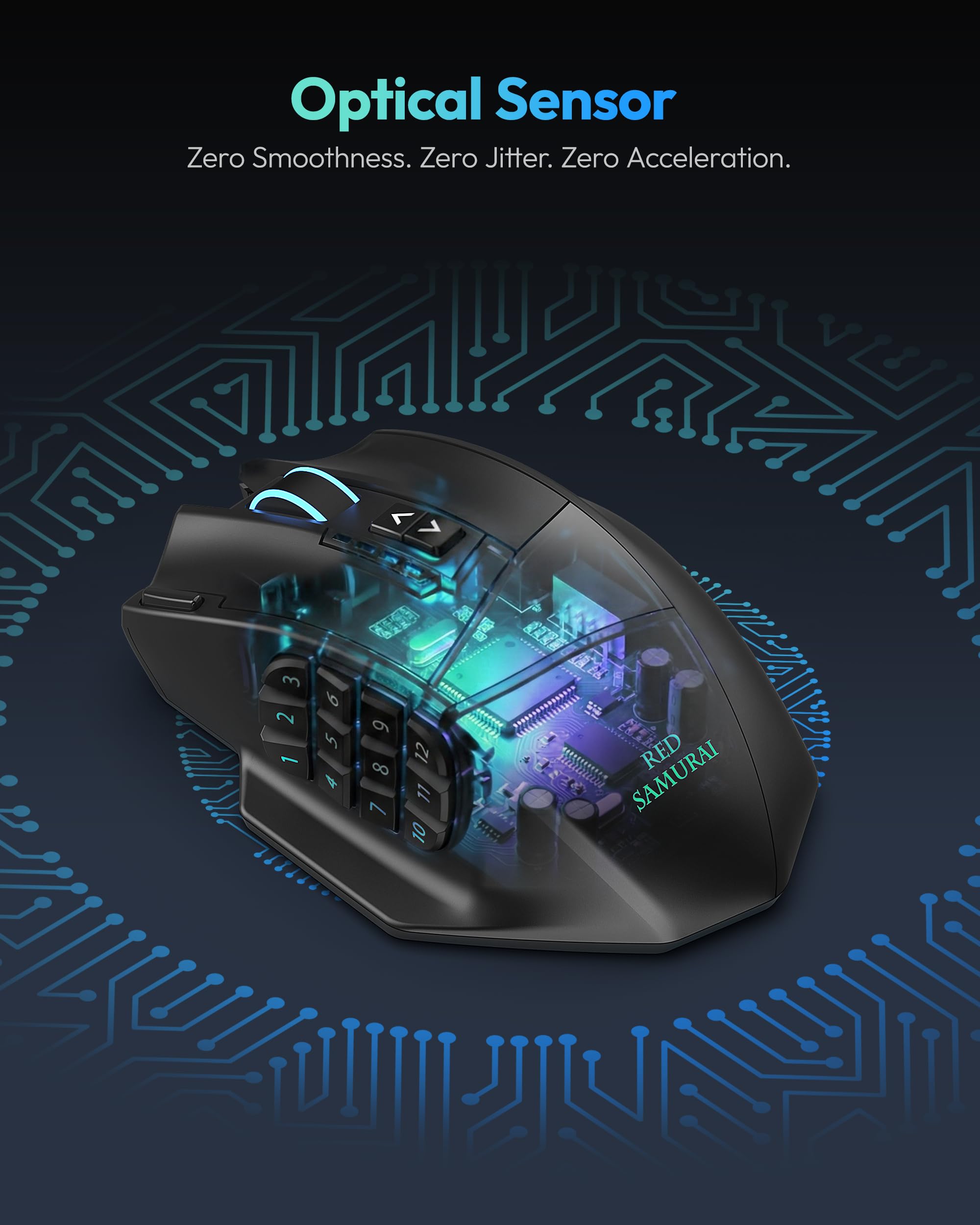 RED SAMURAI Souris de jeu MMO sans fil, 12 boutons latéraux, 16 boutons programmables, 16 000 DPI, souris rechargeable RVB, batterie de 70 heures, souris macro USB-C sans fil/filaire 2,4 G pour PC
