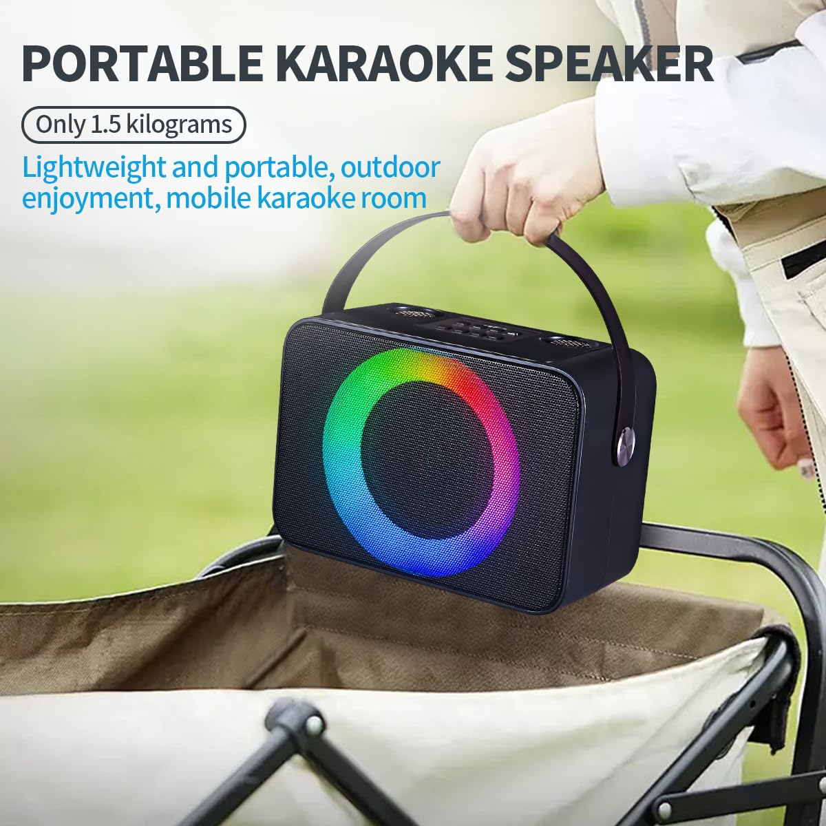 RGB Tragbarer Karaoke-Lautsprecher mit dualen drahtlosen Mikrofonen, USB/TF-Karte kompatibel, 10 W HD-Sound, tragbarer Tragegriff, großer Akku für Familientreffen/Karaoke/Outdoor-Aktivitäten (Schwarz)