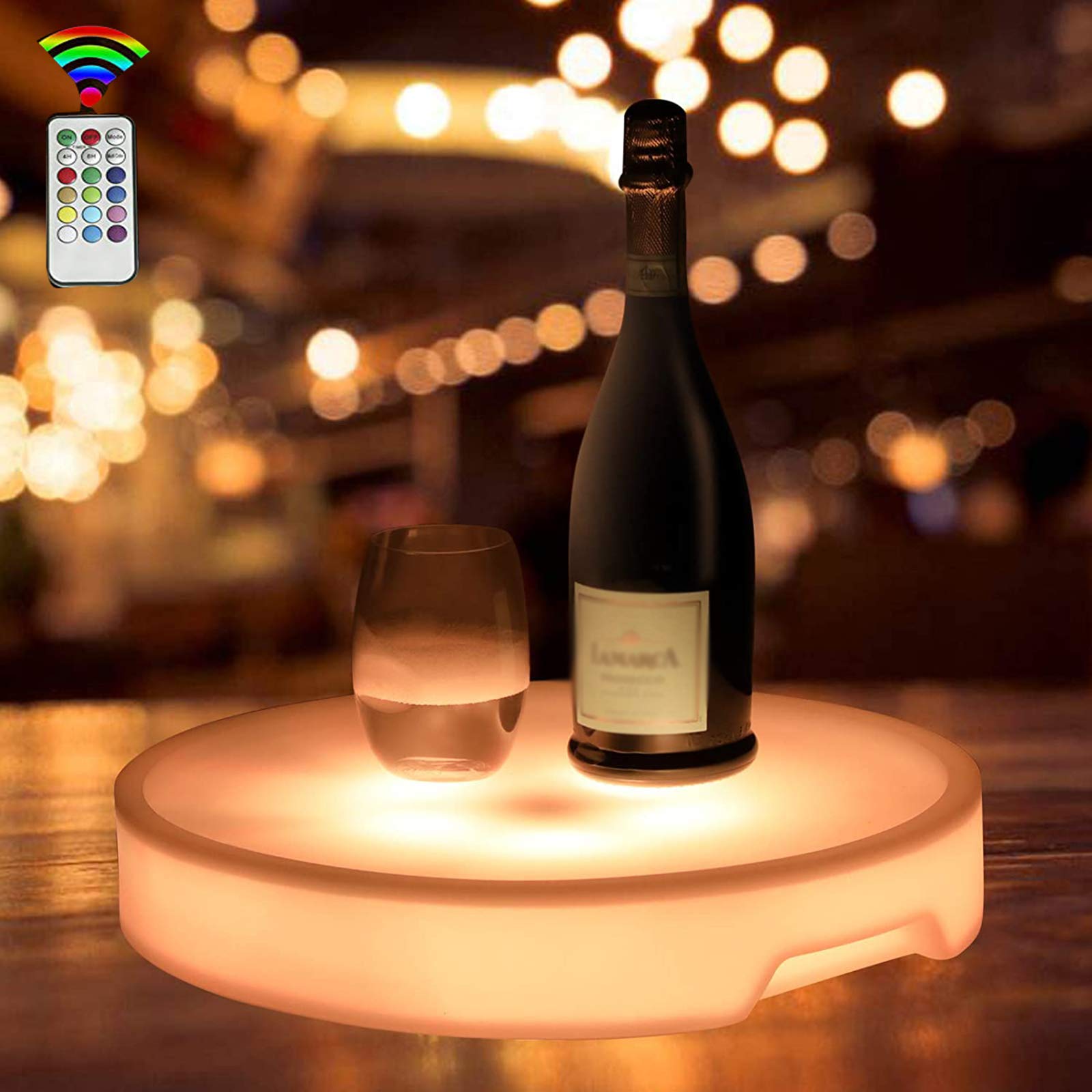 Plateau De Service Lumineux LED Rechargeable - Plateau Rond Étanché Avec Télécommande Pour Champagne, Fruits Et Collations