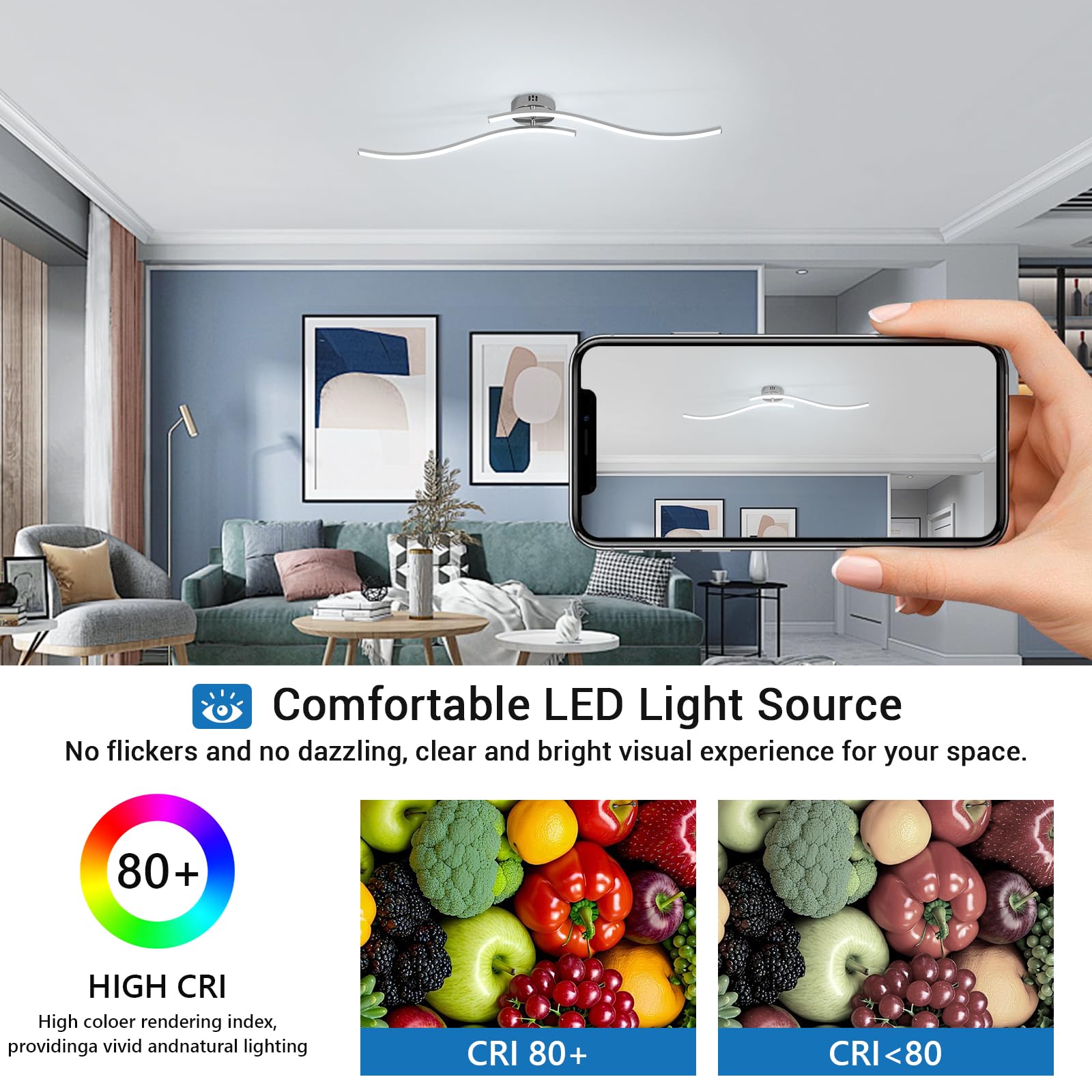 Dorlink Żyrandol do salonu, lampa sufitowa Led do salonu, żyrandol do sypialni, 30 W 2700 LM Nowoczesne oświetlenie wewnętrzne, 6500 K Biały 2 wbudowane pręty LED, odpowiednie do korytarzy, kuchni i