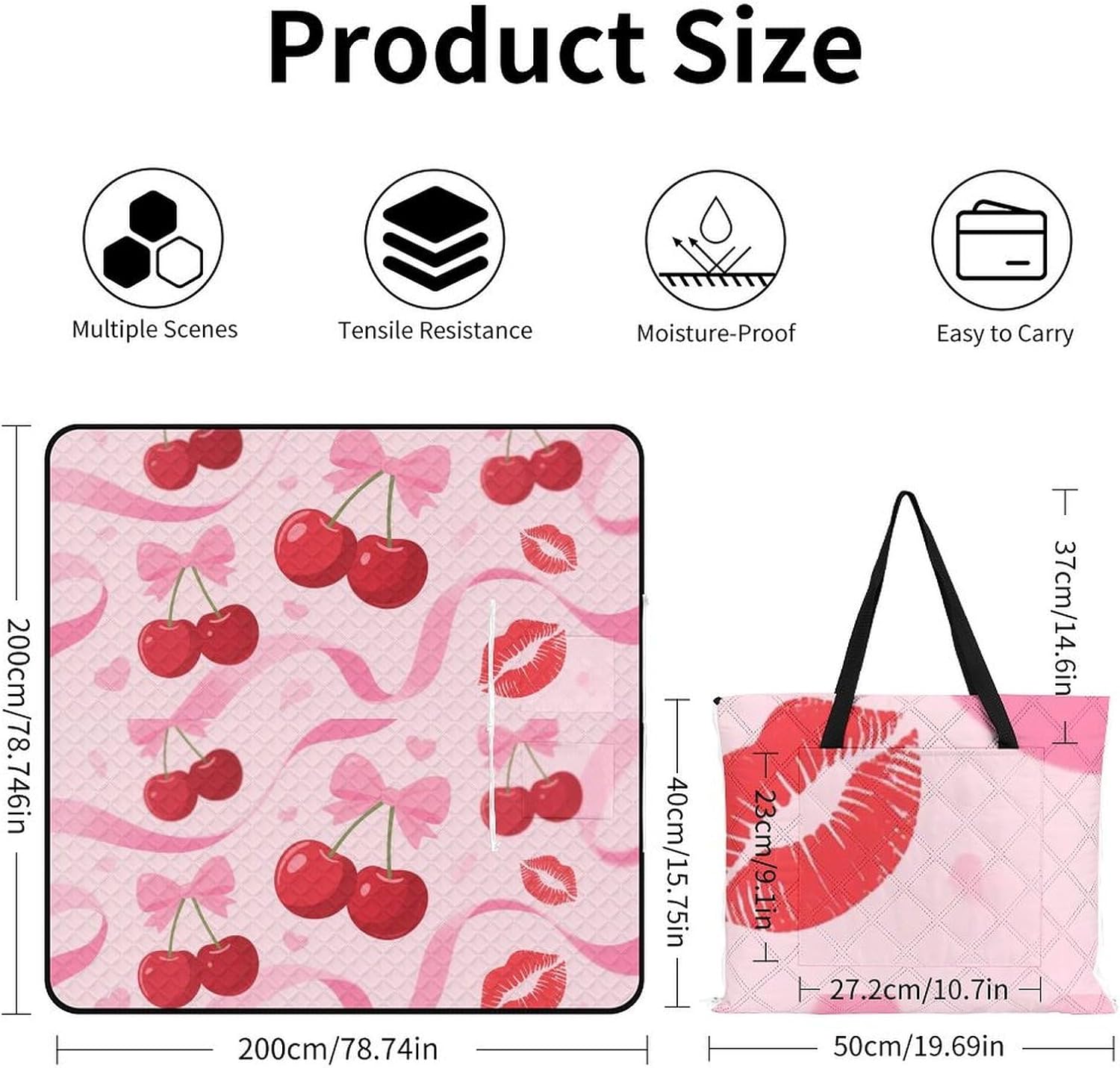 Cherry Pink Bow with Red Lips Picnic Blanket 200x200cm, Foldable 2-in-1 Picnic Mat and Tote Bag Portable Waterproof Beach Mat Sandproof Outdoor Blanket for Park, Hiking, Beach, Camping, Travel