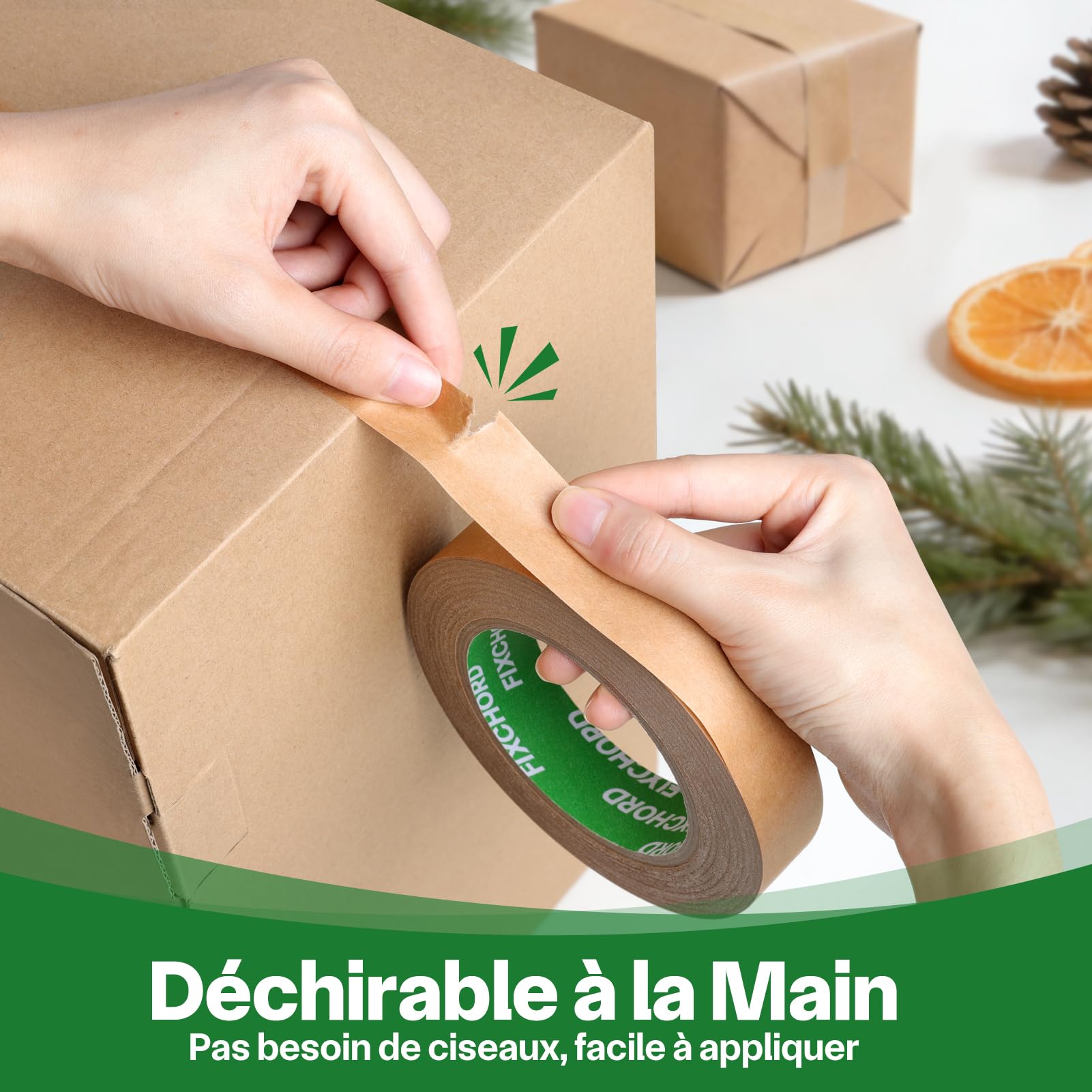 Ruban D'emballage en Papier 24mm x 50m | Recyclable, Inscriptible et imperméable | Ruban Adhésif Papier Kraft pour emballer des colis et des boîtes, déménager | 6 Rouleaux