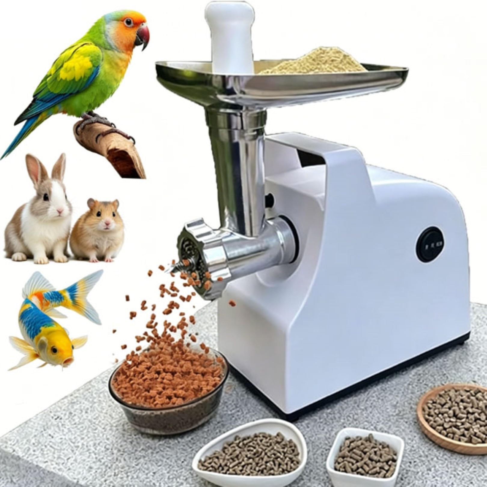 Elektrischer Pellet-Maker für Tierfutter, 500 W, Edelstahl, Getreidezerkleinerer mit 3 Stanzformen für Hund, Katze, Fisch, Vogelfutter, tragbare Granulator-Maschine