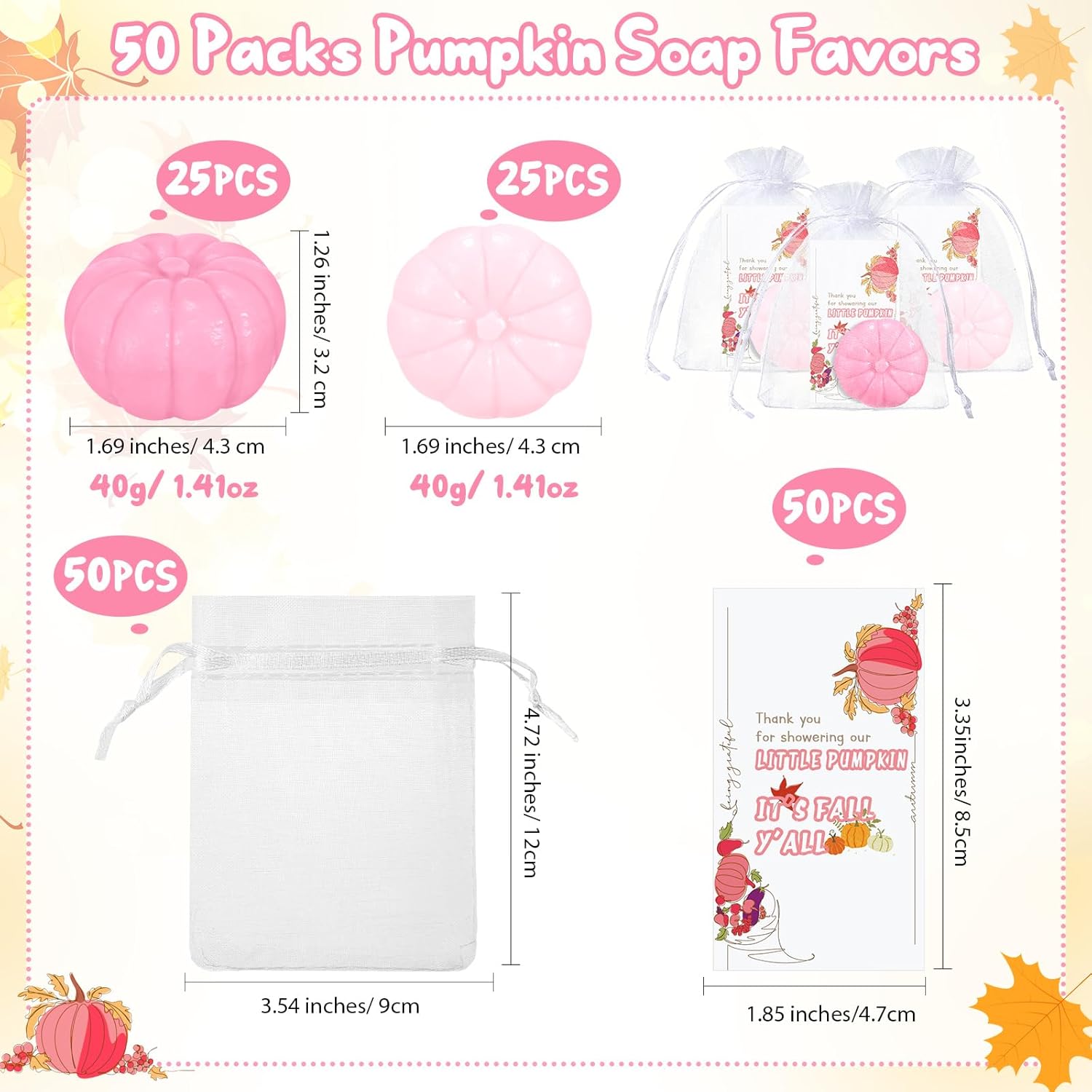 Liliful 50 Sets Pumpkin Soap Baby Shower Favors Thanksgiving Fall Favors for Bridal Shower Wedding Party Decorations 50 Little Pumpkin Soaps 50 Thanks Cards 50 Organza Bags Gender Reveal Gift(Pink)