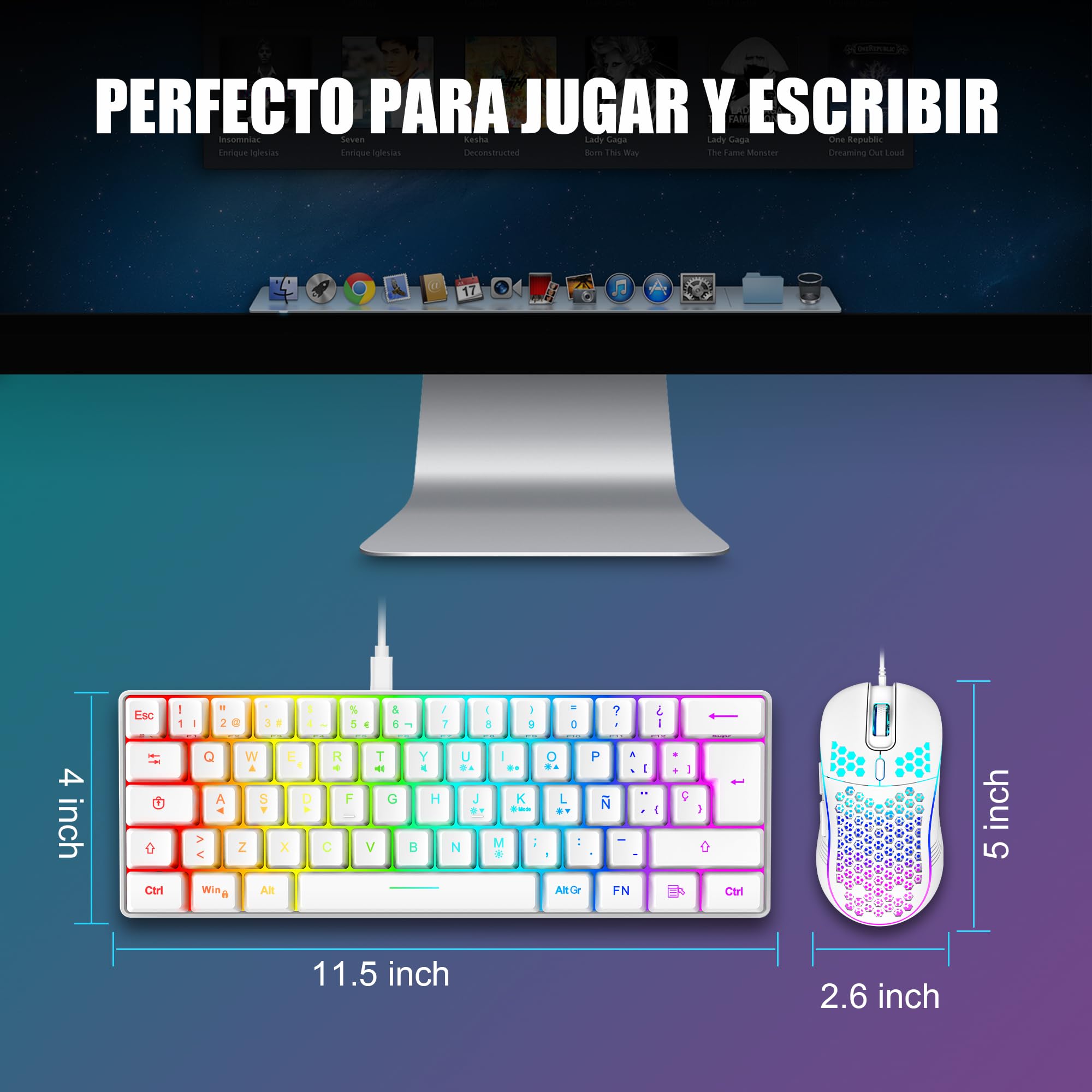 RedThunder K62 60% Combo Teclado y Ratón Gaming RGB Idioma Español, Teclado Mini Ultracompacto Retroiluminado y Ergonómico, Ratón Gaming Óptico 7200 dpi, Compatible con PC,PS5,Xbox (Blanco)